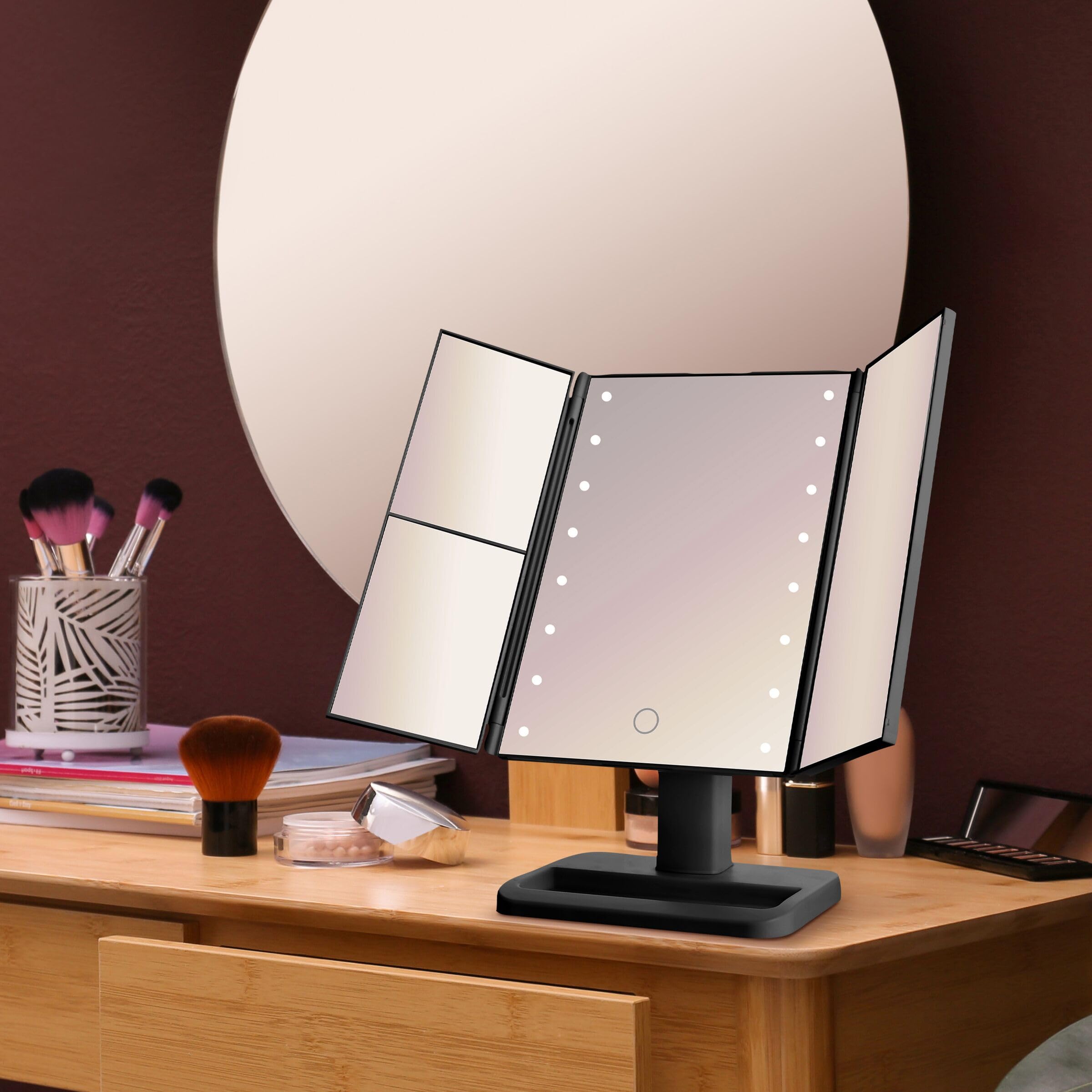 MELANNCO Black Tri Fold LED Vanity Mirror, 3 Magnifications and Dimmable LED Lights, Lighted Makeup Mirror, Touch Control