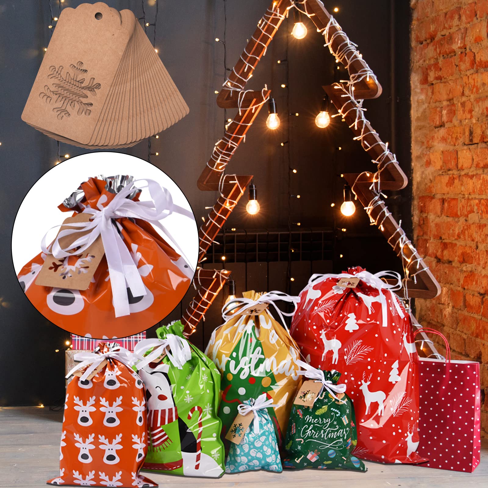 Drawstrings Christmas Gift Bags Assorted Sizes, 34Pcs Holiday Gift Bag Bulk Christmas Bags For Gifts, Reusable Plastic Xmas Presents Wrapping Bags Favor Goody Bags Jumbo/Extra Large/Medium/Small Size