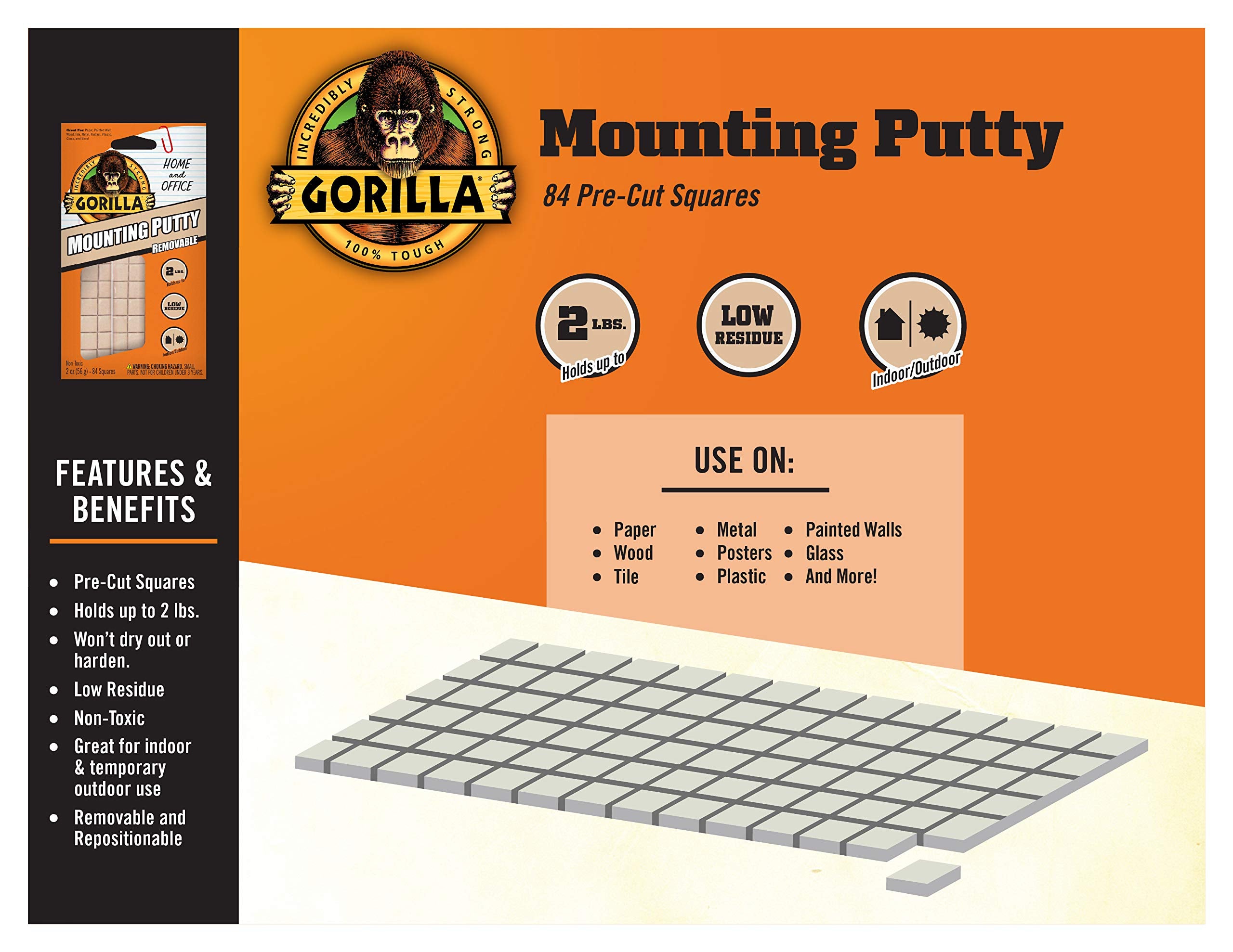 Gorilla Mounting Putty, Non-Toxic Hanging Adhesive, Removeable & Repositionable, 84 Pre-Cut Squares, 3pk - 2oz/56g, Natural Tan Color, (Pack of 3)