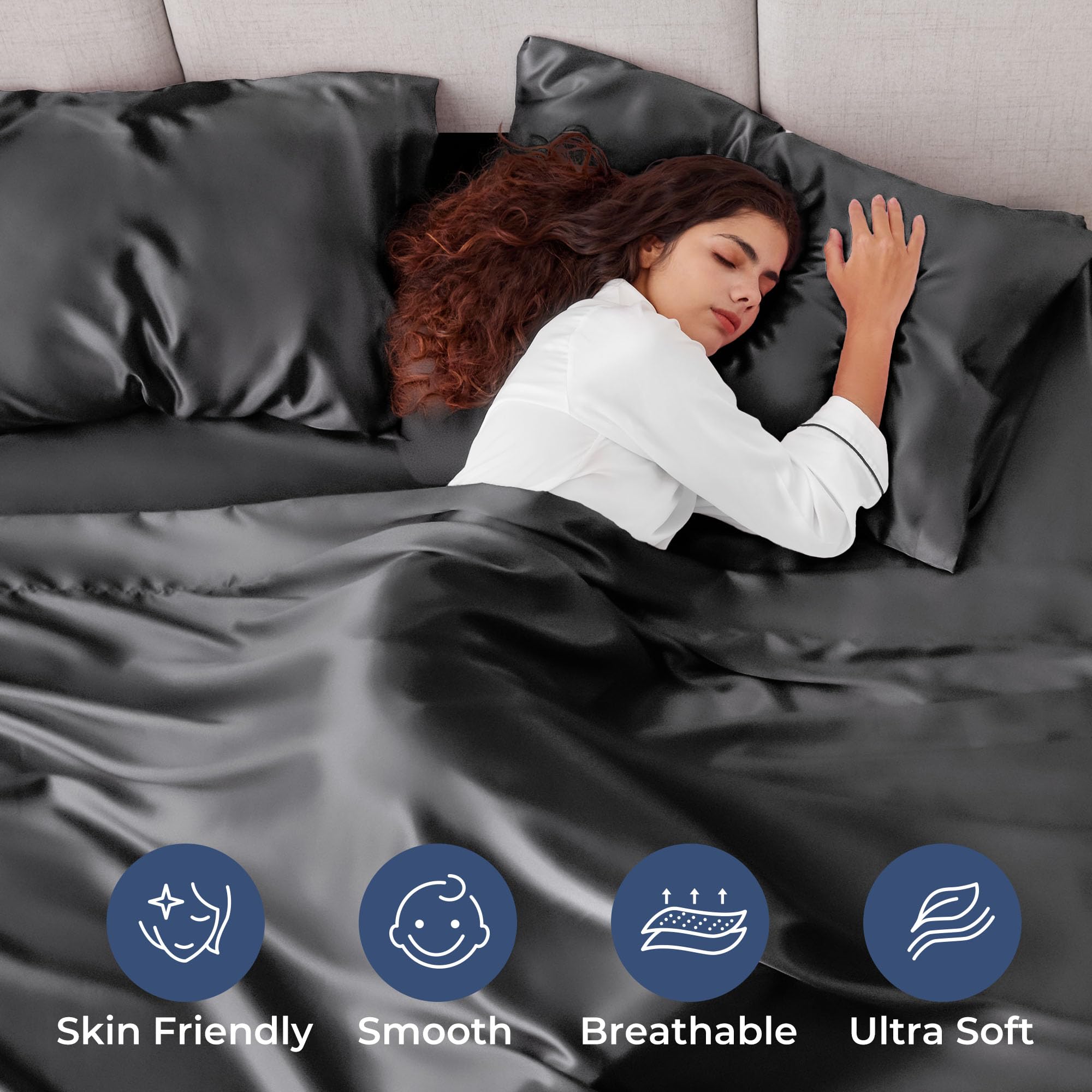 Seasonwood White Satin Sheets King Size 4 Pieces White Bed Set with 2 Pillowcase 20"x40" Microfiber