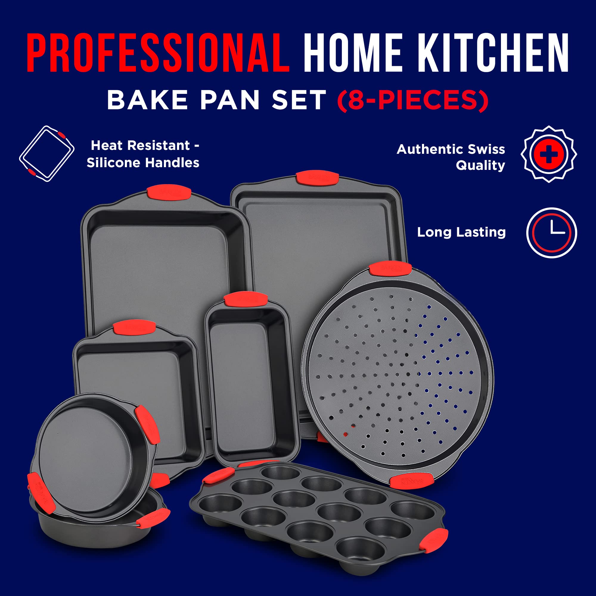 BAKKENMASTER Baking Set – 8 Piece Kitchen Oven Bakeware Set – Deluxe Non-Stick Black Coating Inside and Outside – Carbon Steel – Red Silicone Handles – PFOA PFOS and PTFE Free by Bakken