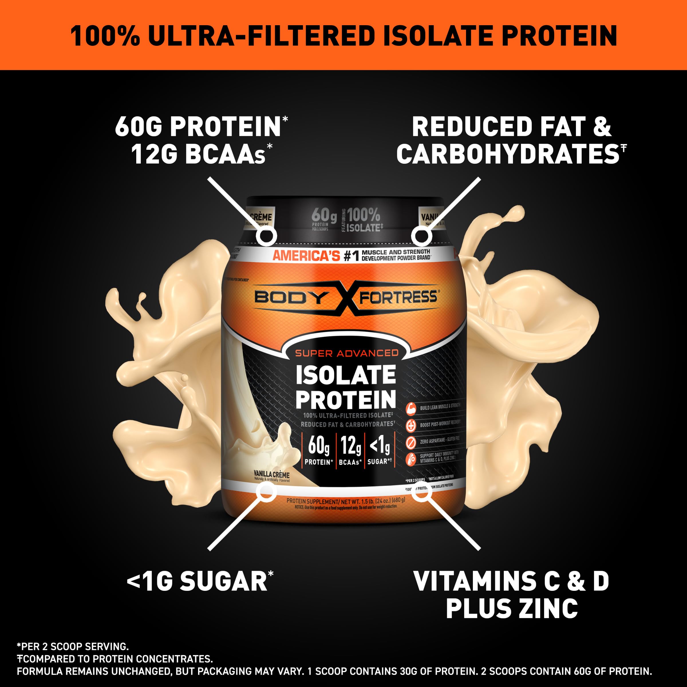 Body Fortress 100% Ultra-Filtered Isolate Protein Powder, Vanilla, 60g Protein & 12g BCAAs Per 2 Scoops, Muscle Gain & Recovery, Immune Support with Vitamins C & D, 1.5lbs,Packaging May Vary