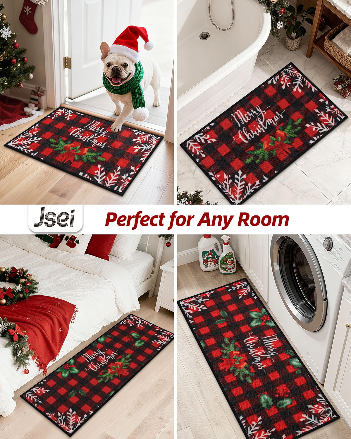 JSEI Christmas Kitchen Mats for Floor Set of 2, Red Buffalo Plaid Non-Slip Kitchen Rugs Merry Christmas Bow Tree Snowflake, Kitchen Floor Mat Washable Christmas Rug for Kitchen Decor, 17"x30"+17"x48"