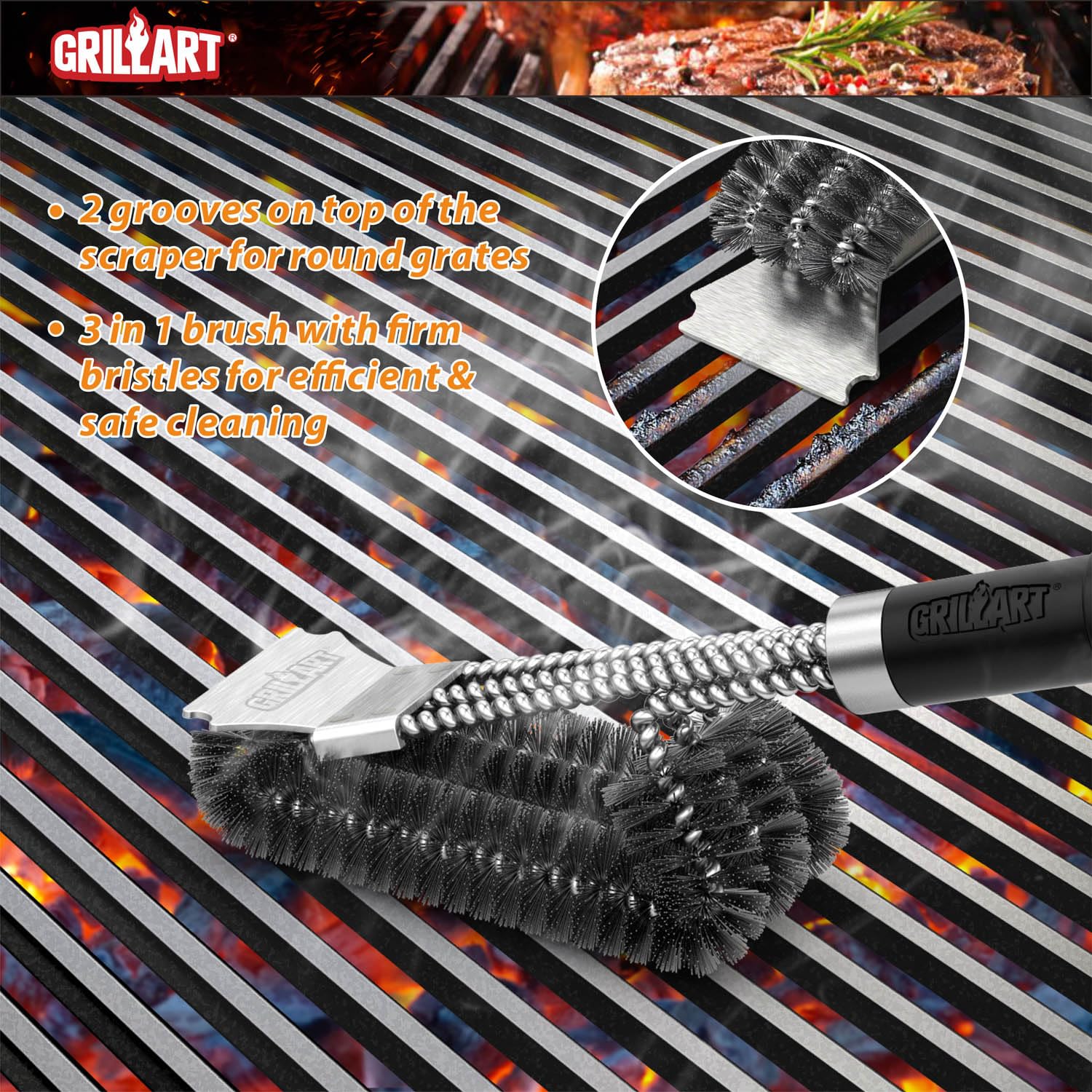 GRILLART Grill Brush and Scraper with Deluxe Handle, Safe Wire Grill Brush BBQ Cleaning Brush Grill Grate Cleaner for Gas Infrared Charcoal Porcelain Grills, BR-8529