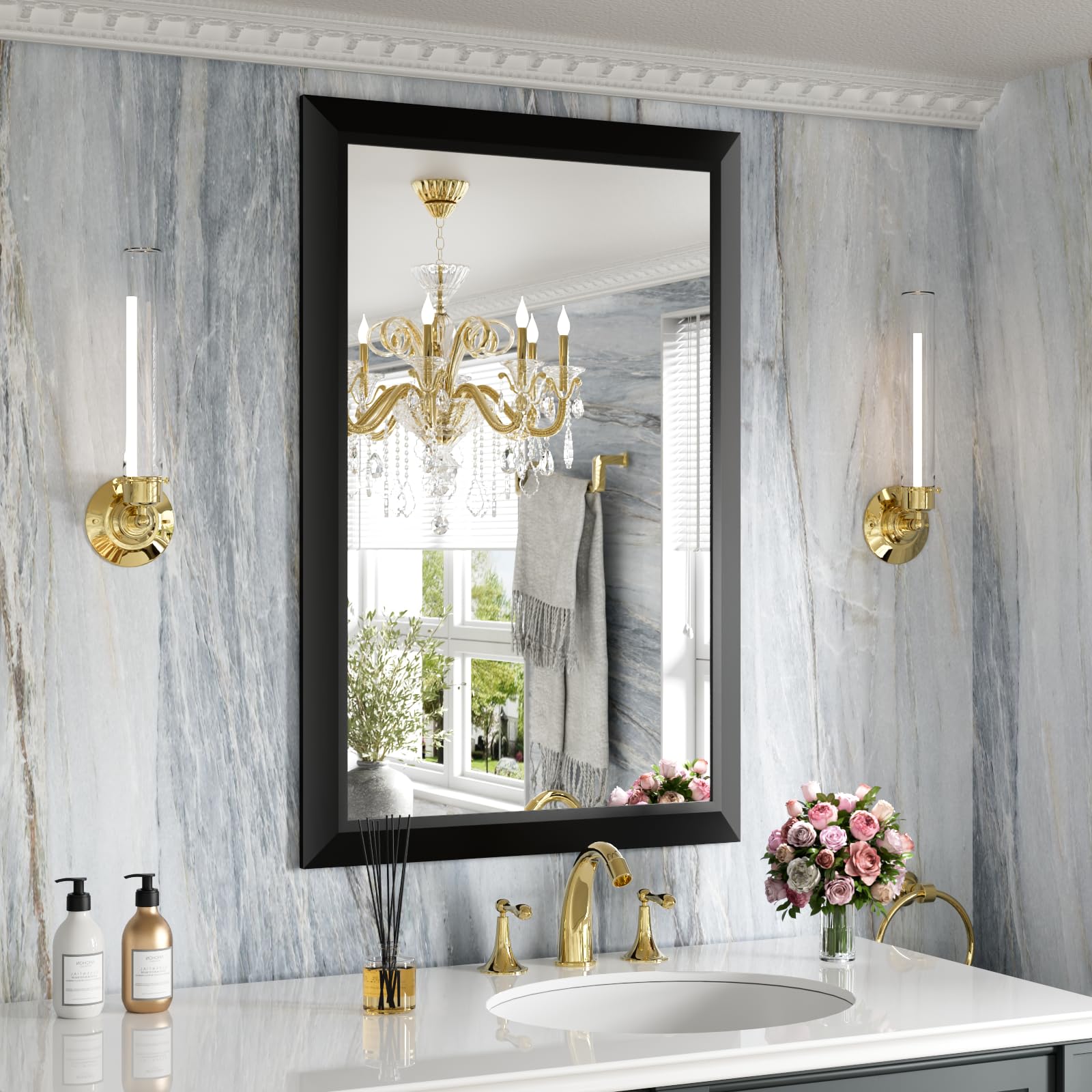 Amorho Black Bathroom Mirror, 24x36 Inch Thick Metal Framed Wall Mirrors for Over Sink, Bedroom, Living Room, Entryway, Rectangle Wall-Mounted Mirrors(Horizontal/Vertical).