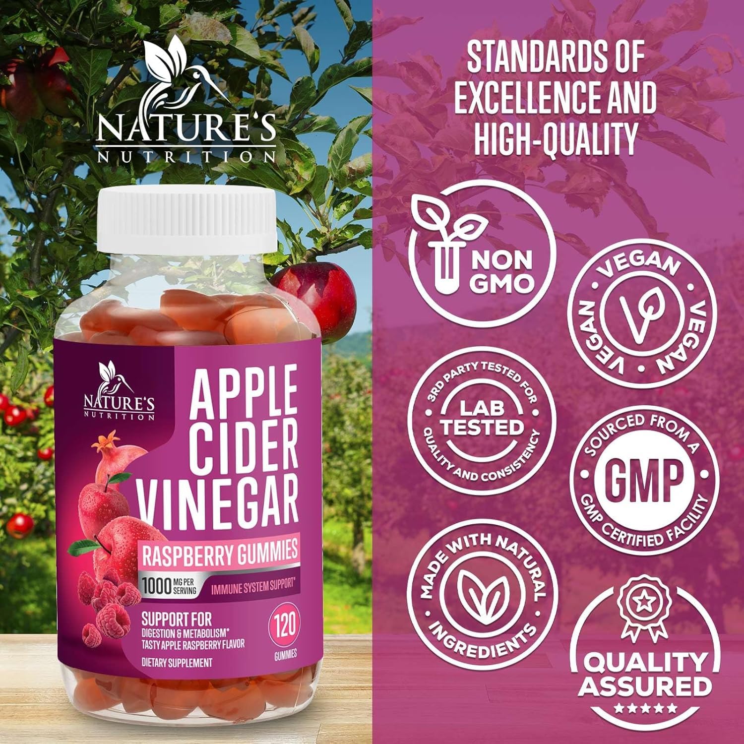 Vegan Apple Cider Vinegar Gummies 1000mg for Detox & Cleanse, ACV Gummy Vitamin B12 for Digestion Metabolism & Immune Health Support, Natural Apple Raspberry Flavor, Gluten Free - 120 Gummies