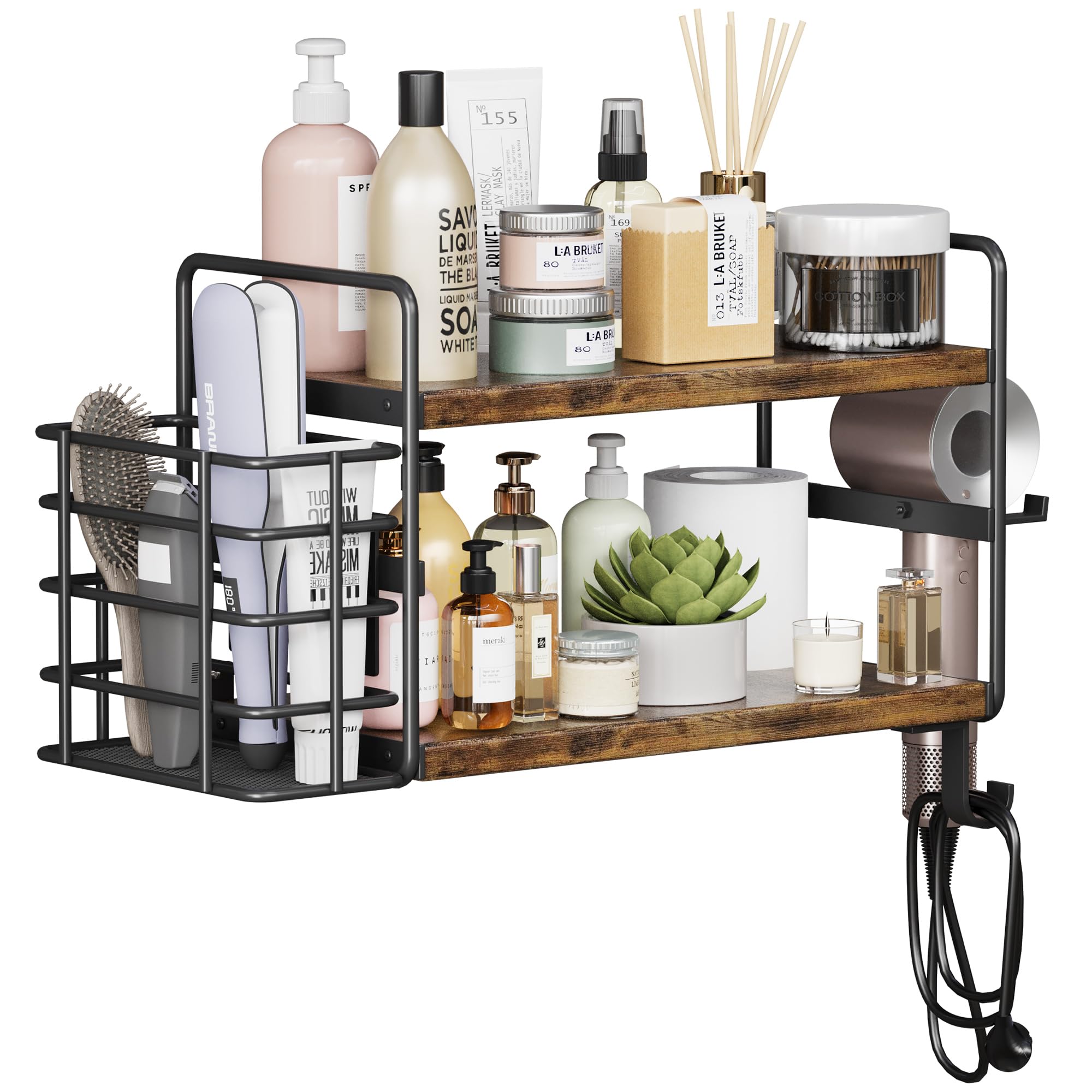 3-in-1 Wall Mounted Hair Dryer Holder with 2 Tier Shelves & Detachable Basket, Space Saving Organizer for Bathroom, Kitchen, Bedroom, Rust-Resistant, Easy Install