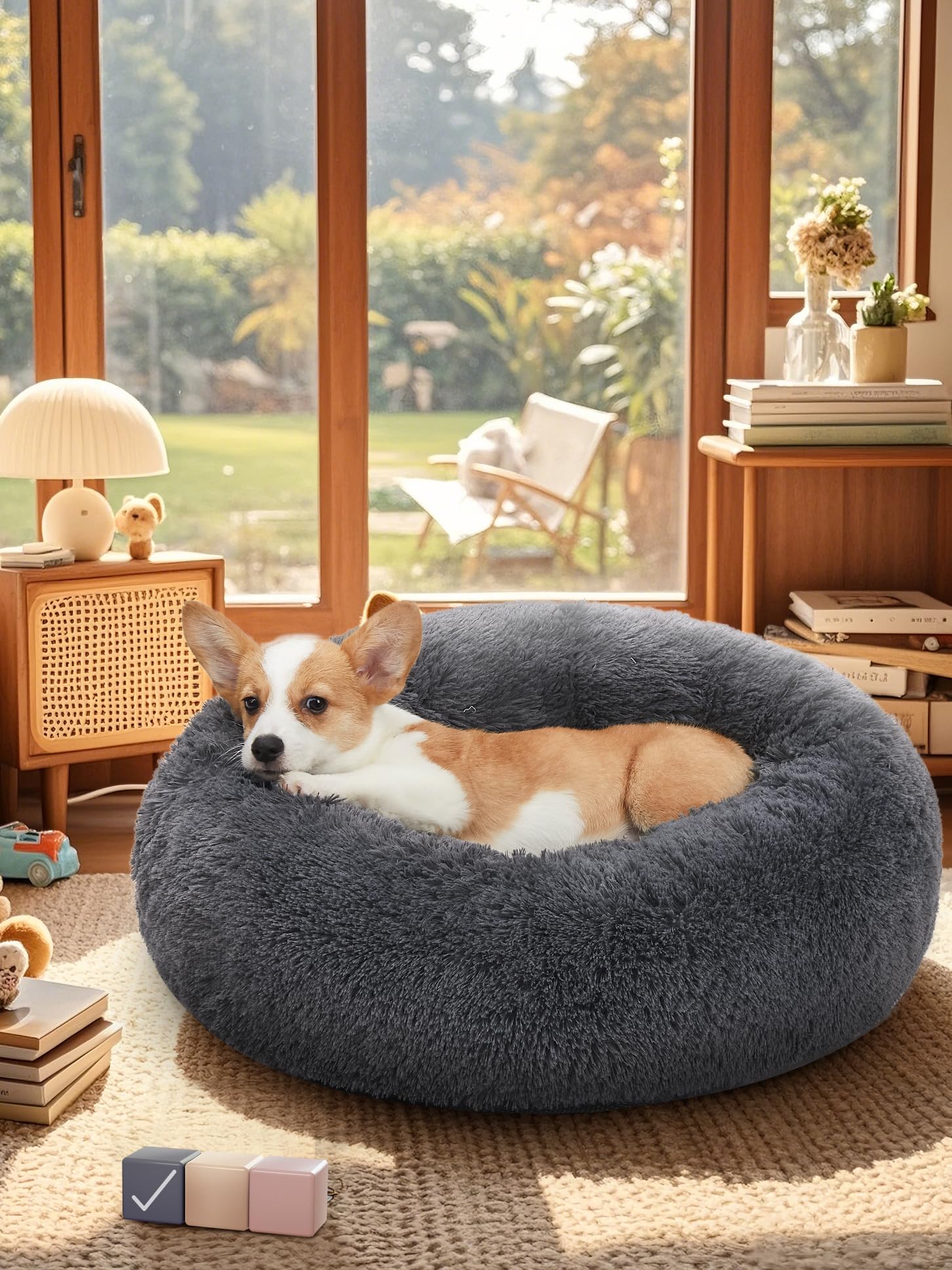 OhGeni Calming Donut Dog & Cat Bed Pillow, Washable Plush Warming Bed, Gifts for Pet Lovers, Anti-Slip Round Comfort Pet Bed, Pillow Design Fluffy Bed for Small Medium Dogs, Gray, 23 inches