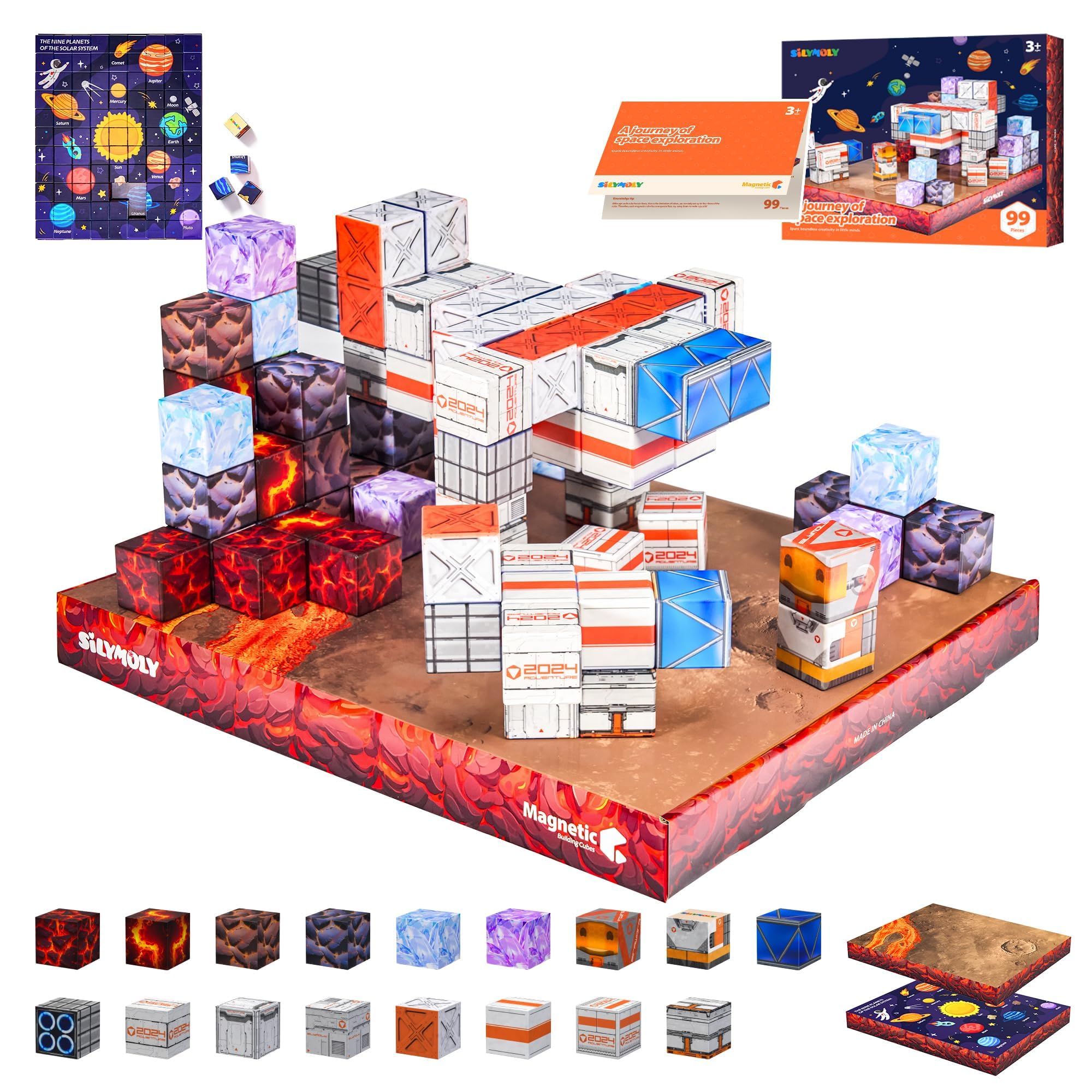 Magnetic Blocks 1.2 inches Space Exploration Editon Build Mine Magnet World Set STEM Building Toy Sensory Gift for Kids Toddler Toys for Boys Girls 3+ 4+ 5+ 3D puzzle Magnetic block 3.85 pounds 99pcs