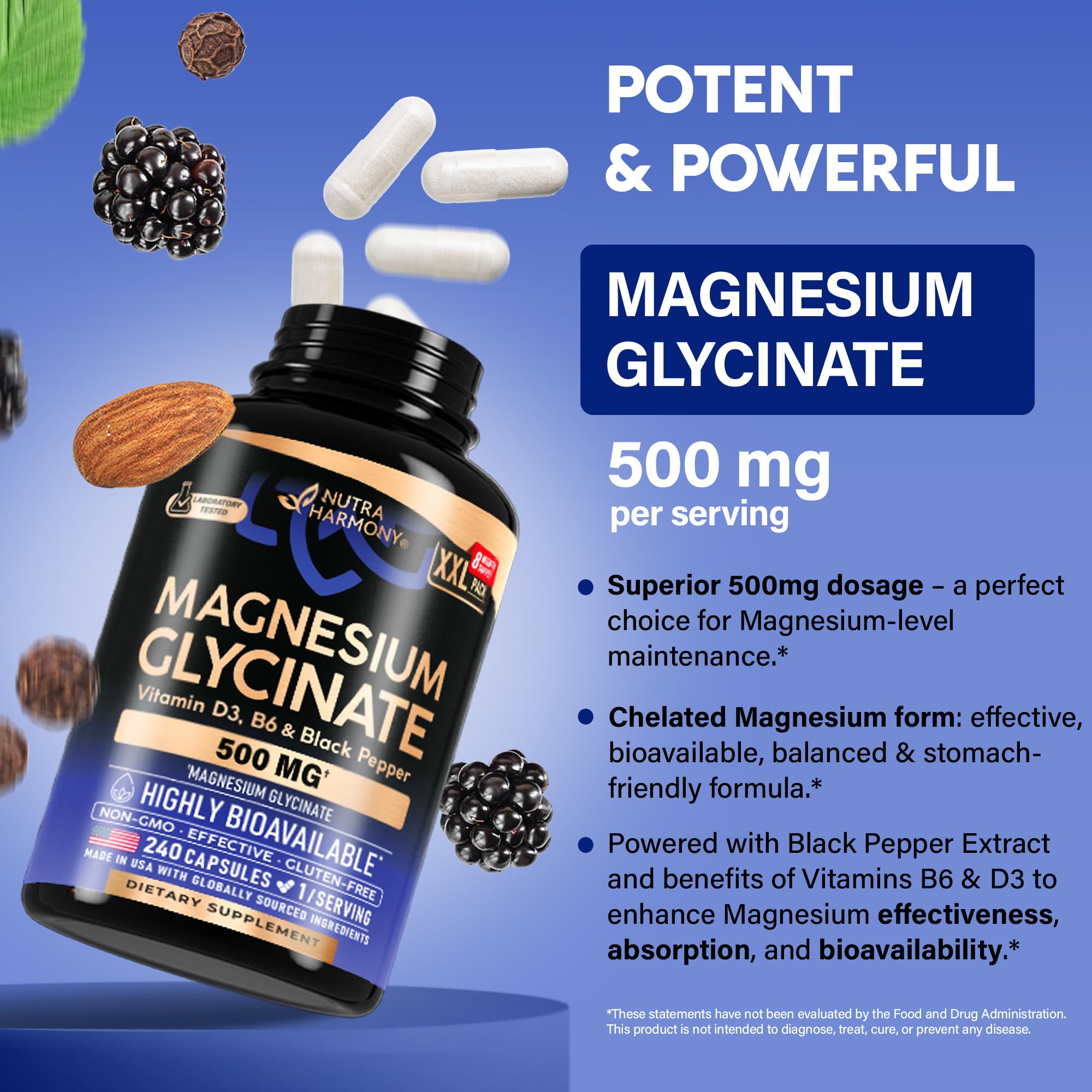 Magnesium Glycinate 500 mg - Chelated Supplement - 98% High Absorption - Support for Sleep, Muscle & Heart Health - Made in USA, Lab Tested & Non-GMO - 240 Capsules