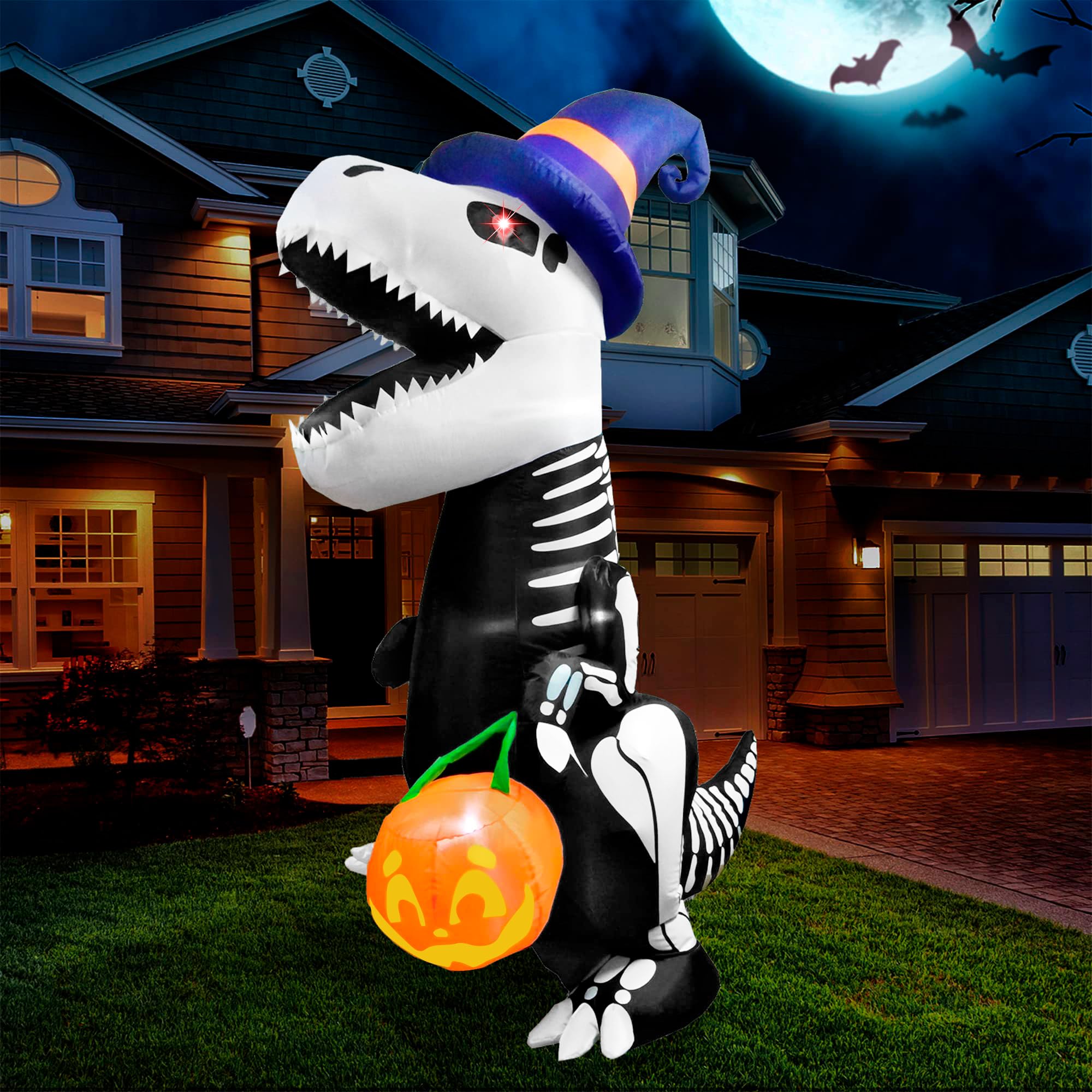 Joiedomi 8 FT Halloween Inflatables Outdoor Decorations, Halloween Blow Ups for Yard, Inflatable Skeleton Dinosaur with Pumpkin for Inflatable Halloween Decor Outdoor, Halloween Decorations Outside