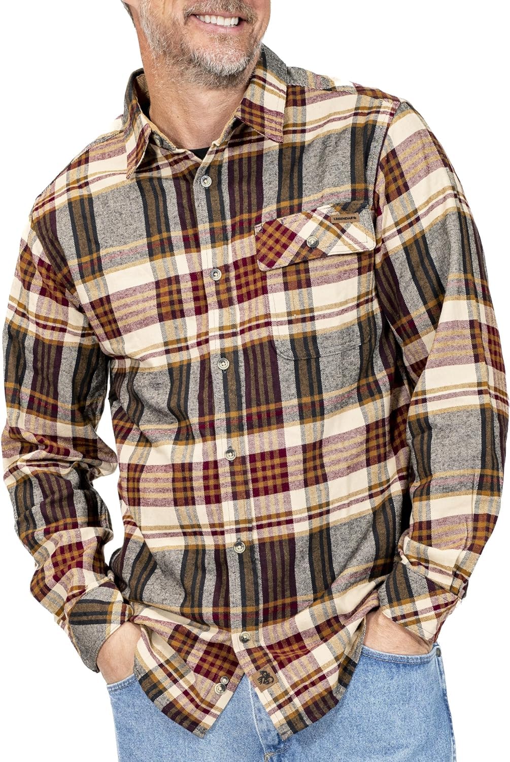 Legendary Whitetails Men's Standard Buck Camp Flannel, Long Sleeve Plaid Button Down Casual Shirt, Corduroy Cuffs, Cedarwood, Medium