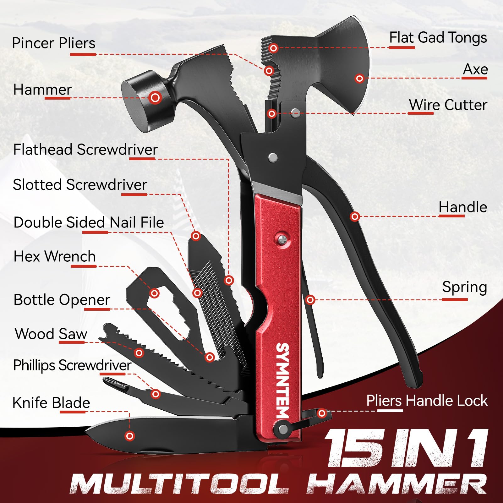 15-in-1 Multitool Axe Hatchet,Christmas Gifts for Men,Cool Gadgets Camping Accessories Multitool Must Haves for Adults Men, Stocking Stuffers for Him, Gifts for Men,Red