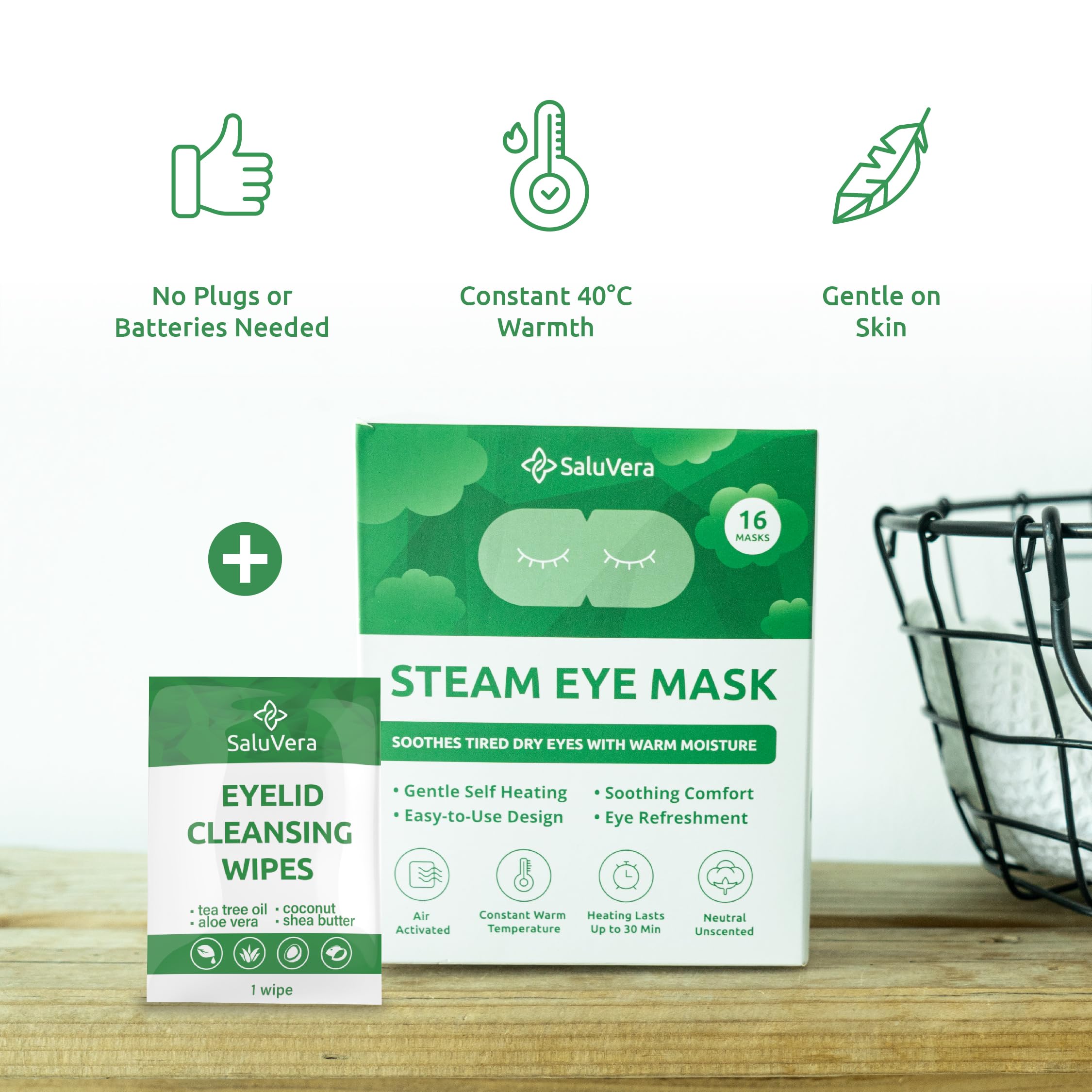 SaluVera Steam Eye Mask for Dry Eyes with 5 Eyelid Cleansing Wipes, Self Heating Eye Compress for Dry Eyes, Soothe and Relax with 40-50 min Spa Eye Mask, Self Warming Eye Masks for Well-Being 16 pcs