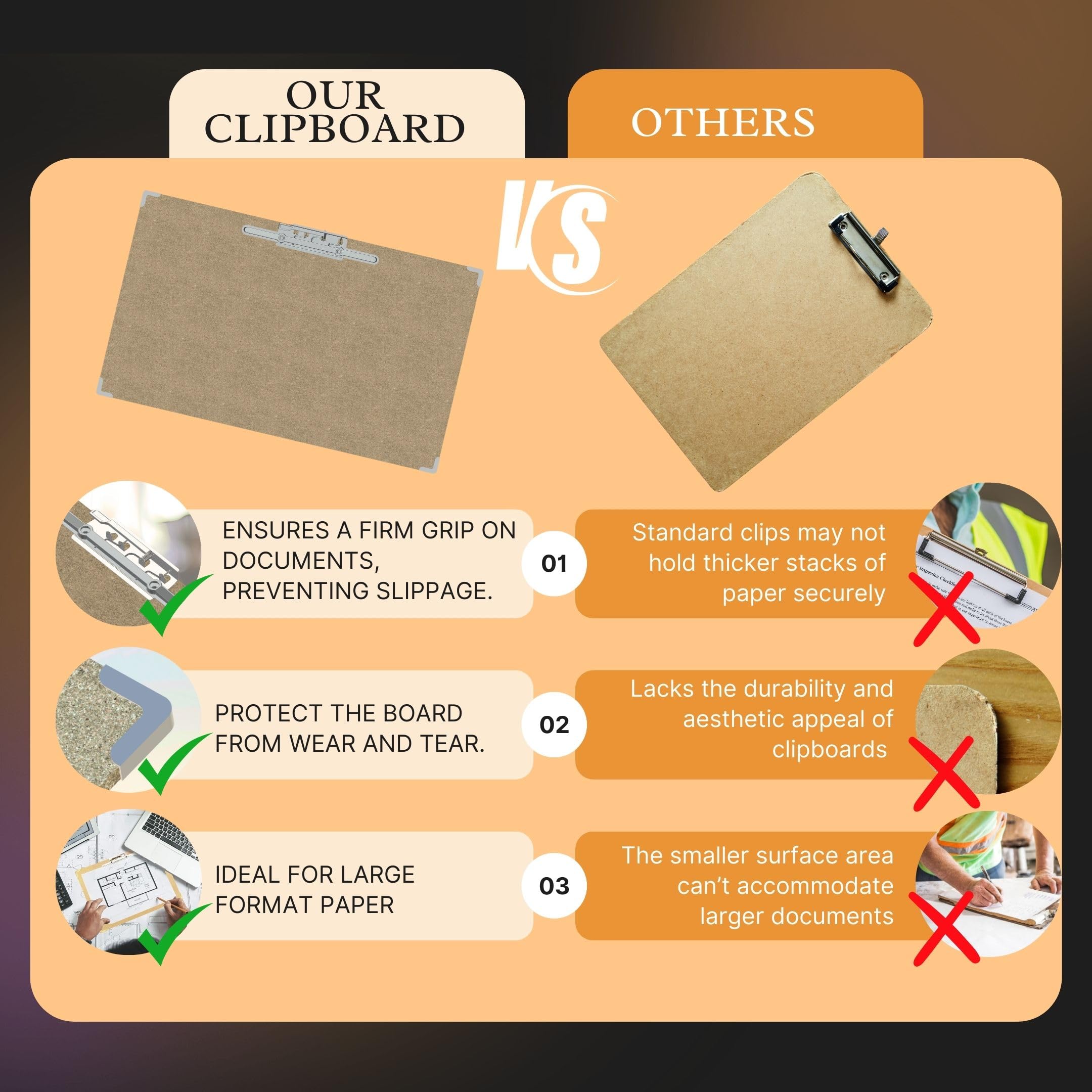 Performore Oversized 11x19 Clipboard 3-Pack | Fits 11x17 Ledger Paper | Eco-Friendly Engineered Wood Writing Boards with Lever Clip & Brass Corners | Dual Orientation for Architects & Classrooms