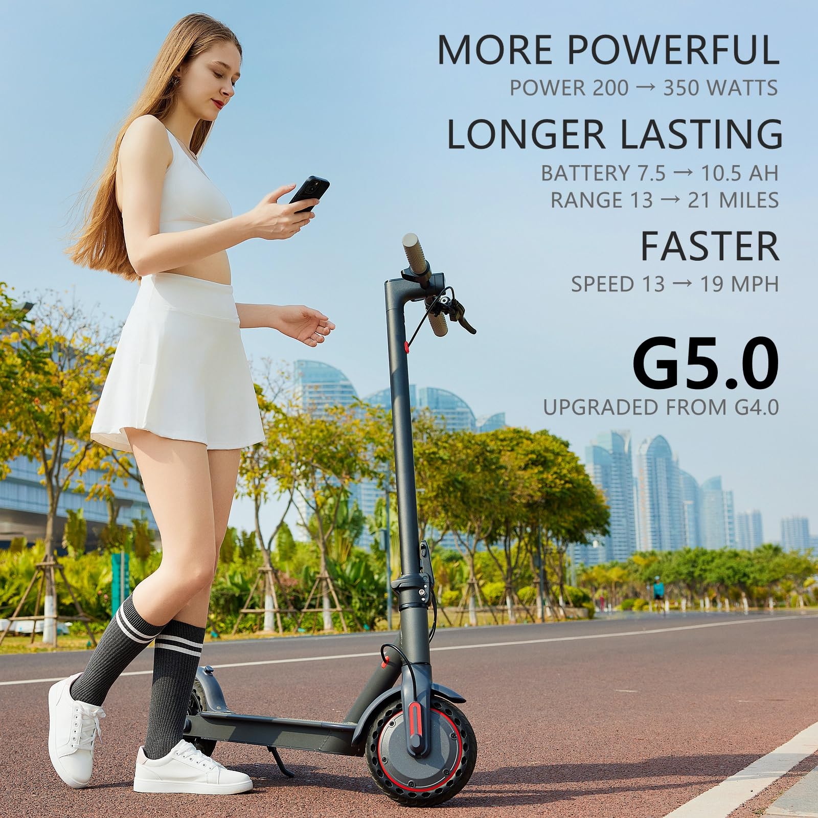 OAKEROO G5.0 Electric Scooter Adults - 21Mile Range & 19MPH Speed E-Scooter, 350W Scooter for Adults up to 264lbs, Folding Scooters with 8.5" Solid Tires, Dual Braking, Mobile APP