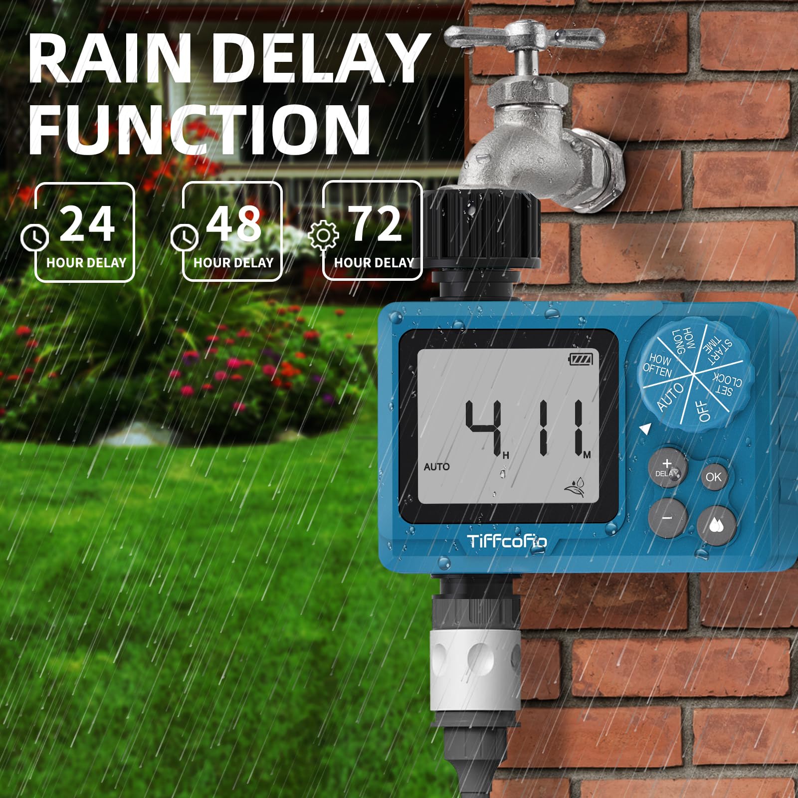 Tiffcofio Sprinkler Timer Outdoor, Digital Pogrammable Water Timer for Garden Hose, Irrigrtion Timer with Rain Delay and Manual Mode