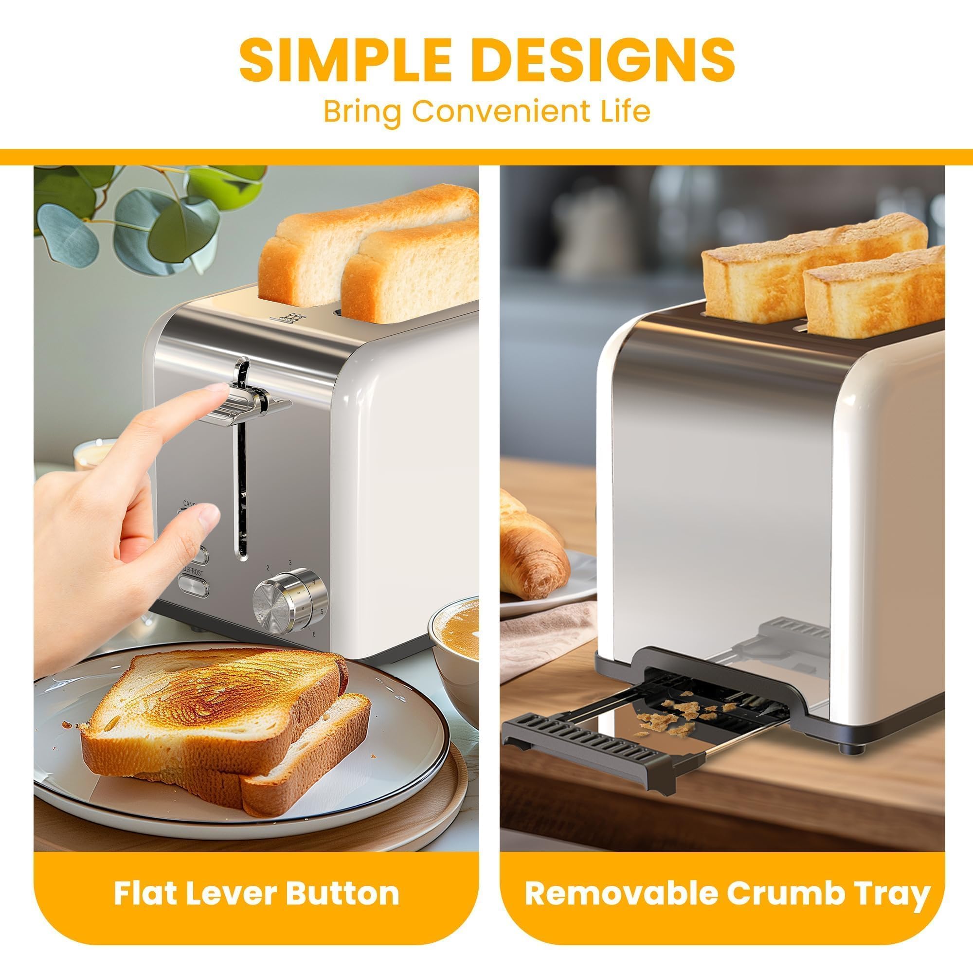 Simple Deluxe 2-Slice Toaster, Stainless Steel Construction with 6 Browning Levels & 3 Cooking Functions, Extra Wide Slots & Removable Crumb Tray for Easy Cleaning, White