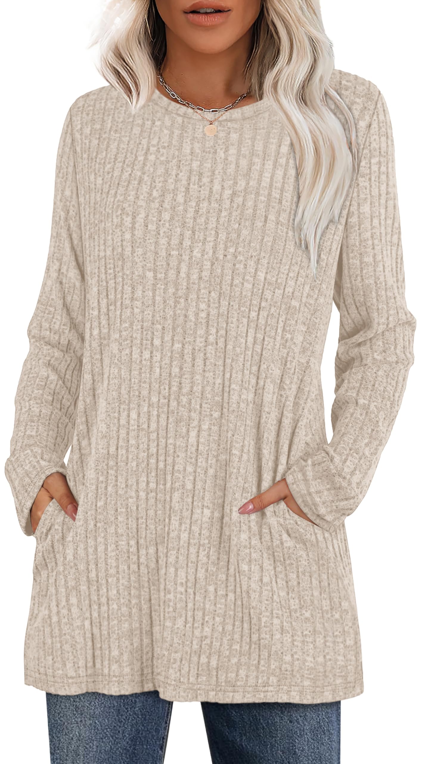 XIEERDUO Tunic Tops for Women Loose Fit Dressy Fall Sweaters Long Sleeve Winter Clothing Quiet Luxury Clothes Crewneck Women Blouses with Pockets Apricot XL