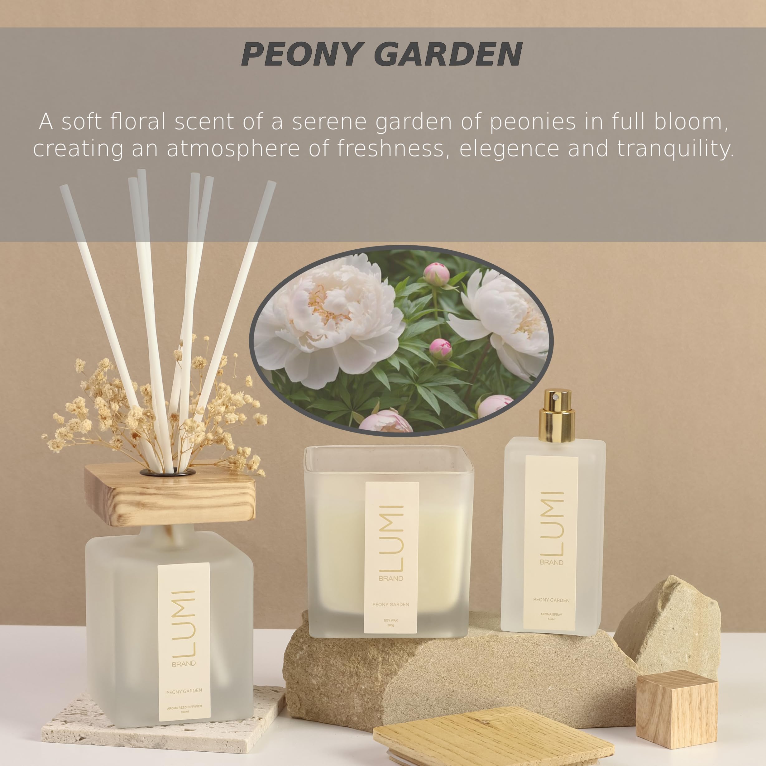 Luxury Aroma Gift Set - Scented Oil Reed Diffuser (200ml), Scented Wood Wick Soy Candle (200g), Aroma Room Spray (50ml) - Includes Dried Flowers, 8 Reed Sticks - Home Fragrance (Peony Garden)