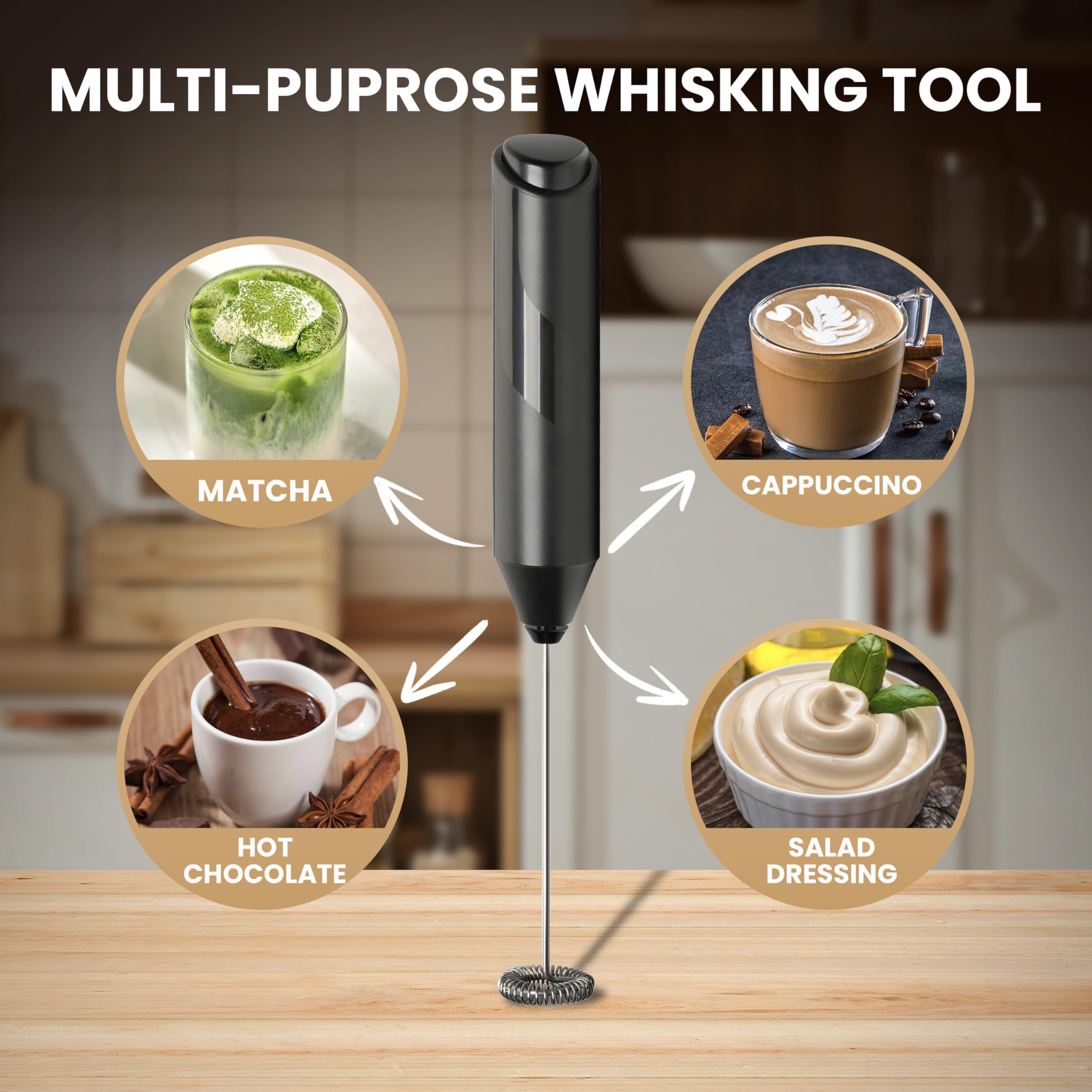 InfiniPower Milk Frother Handheld with Stainless Steel Stand, Battery Operated Whisk Maker Hand Drink Mixer for Lattes, Coffee, Cappuccino, Matcha, Black