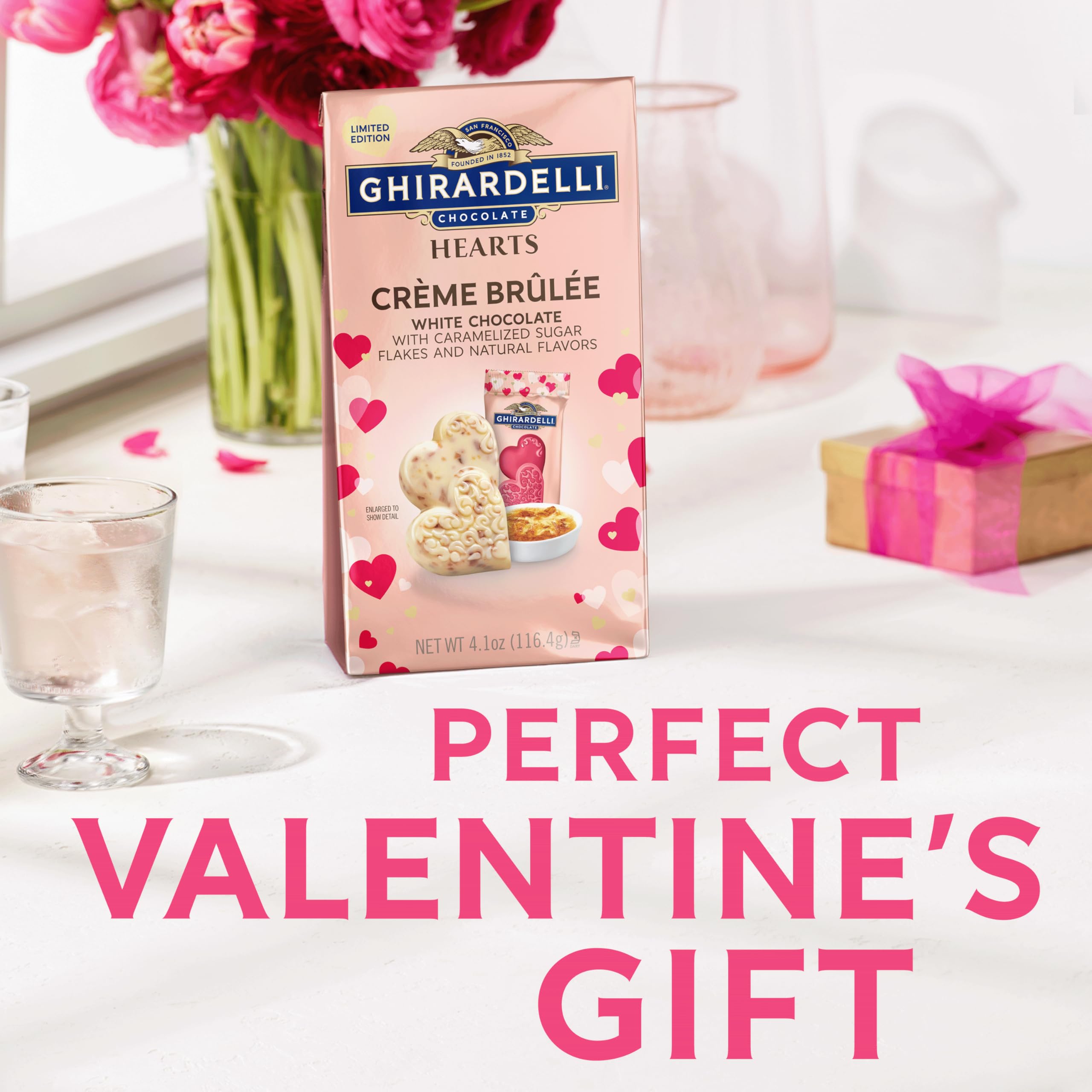 GHIRARDELLI White Chocolate Creme Brulee Duet Hearts, Chocolate Hearts for Valentines, 5.8 OZ Bag