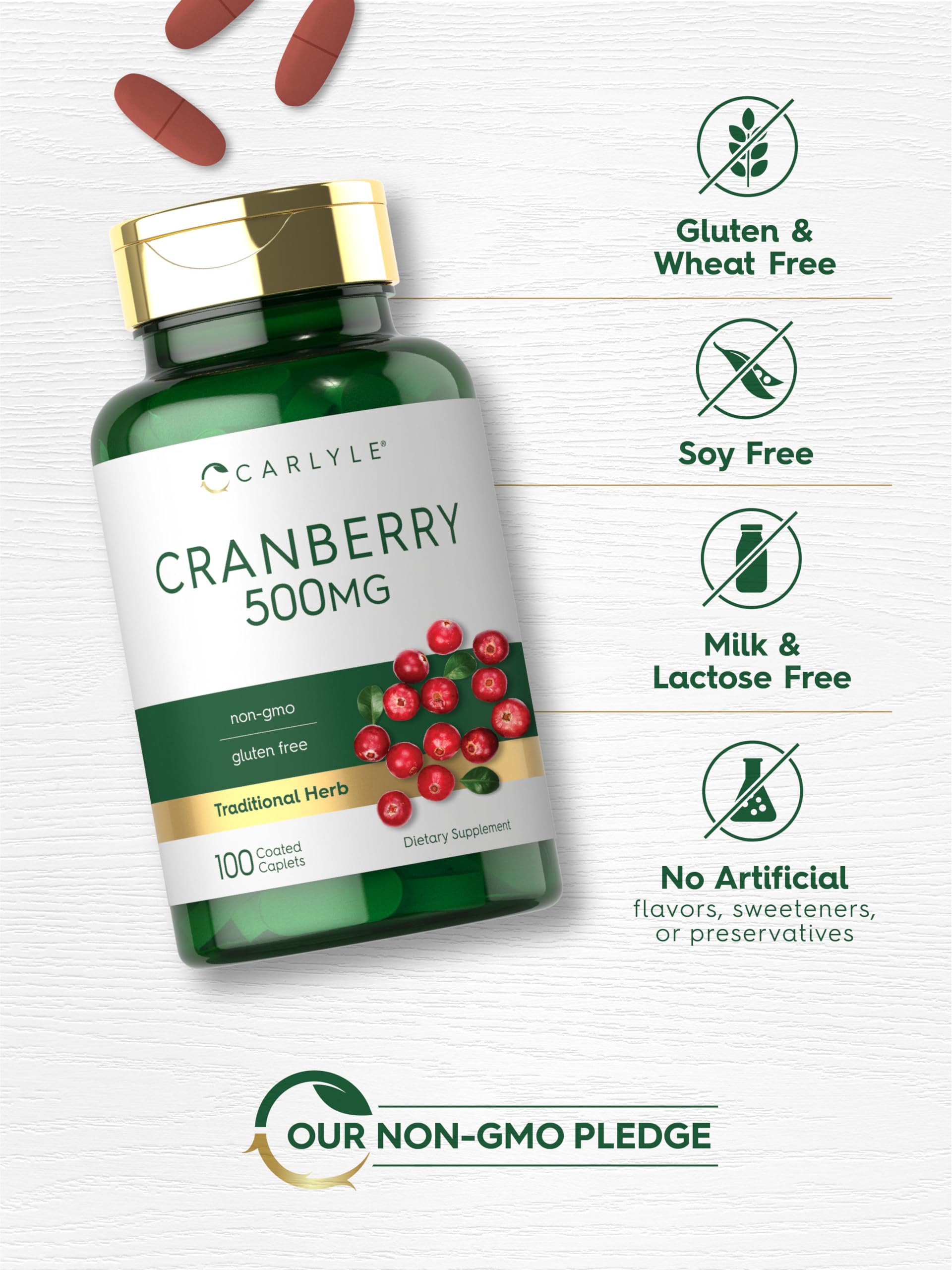 Carlyle Cranberry Pills | 500mg | 100 Caplets | Non-GMO, Gluten Free Supplement