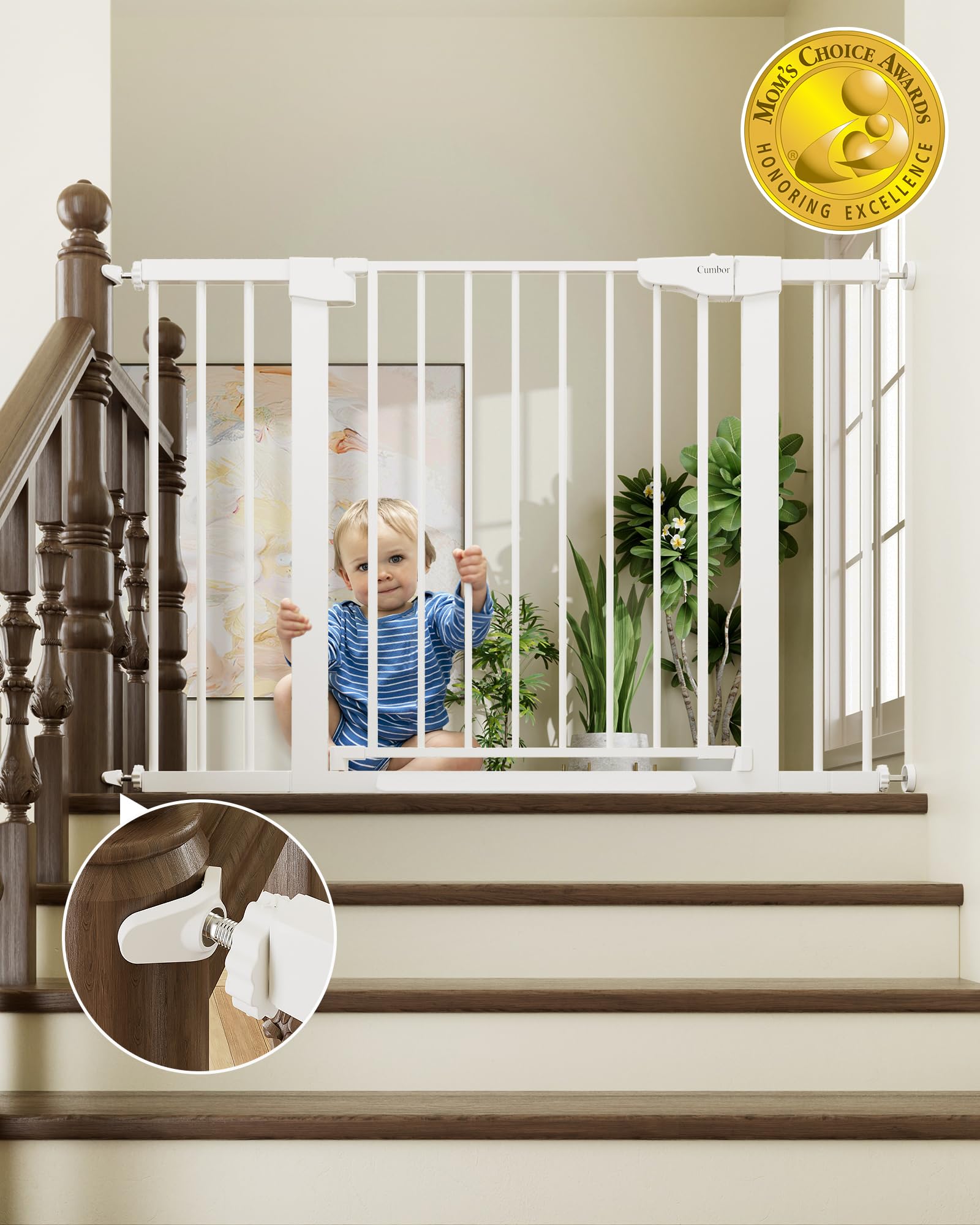 Cumbor 29.7-46" Baby Gate for Stairs, Toddler Safety Essentials for The House, Auto Close Dog Gate for Doorways, Mom's Choice Awards Winner-Easy Install Pressure Mounted Pet Gates for Dogs, White