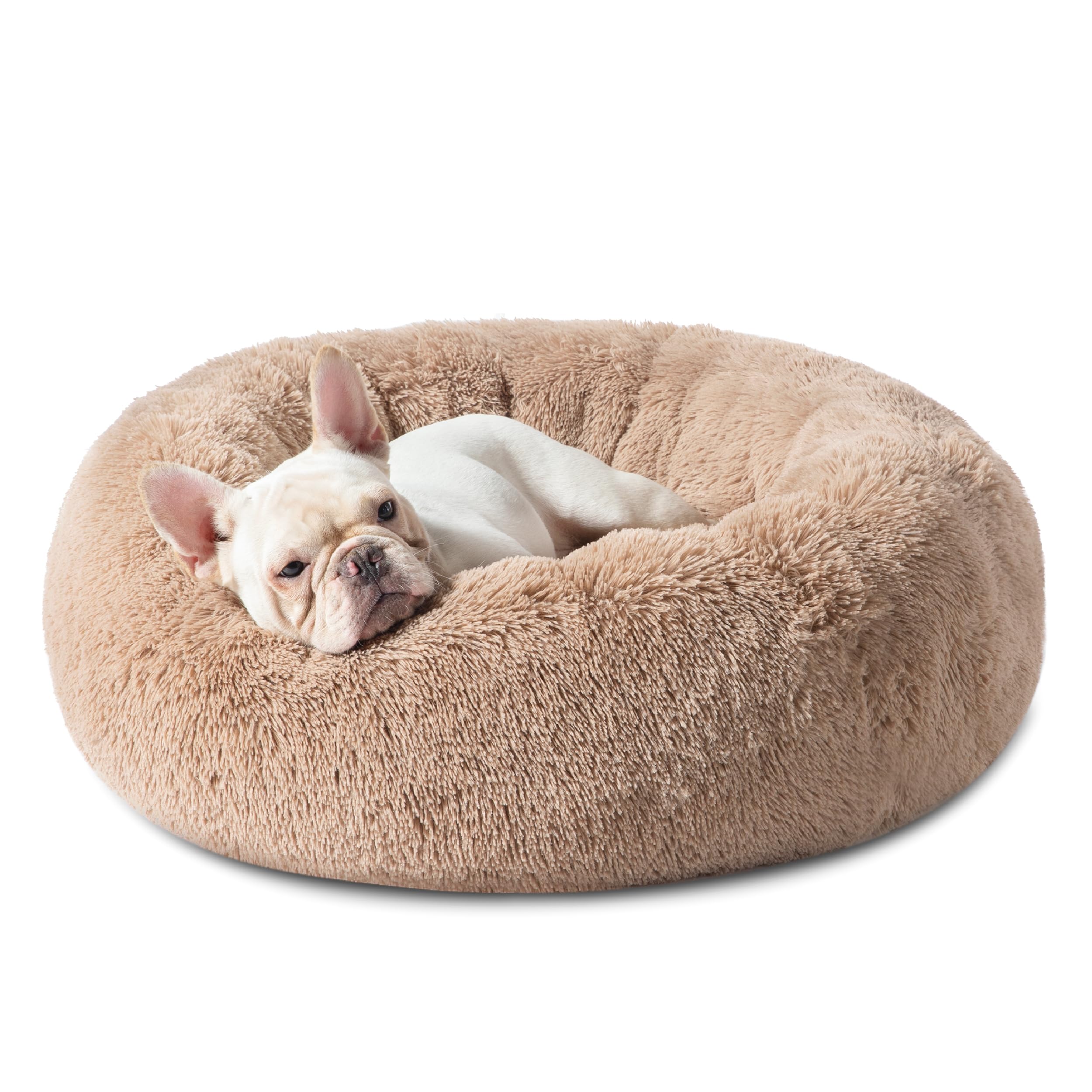 Bedsure Calming Dog Bed for Medium Dogs - Donut Washable Medium Pet Bed, 30 inches Anti-Slip Round Fluffy Plush Faux Fur Cat Bed, Fits up to 45 lbs Pets, Camel