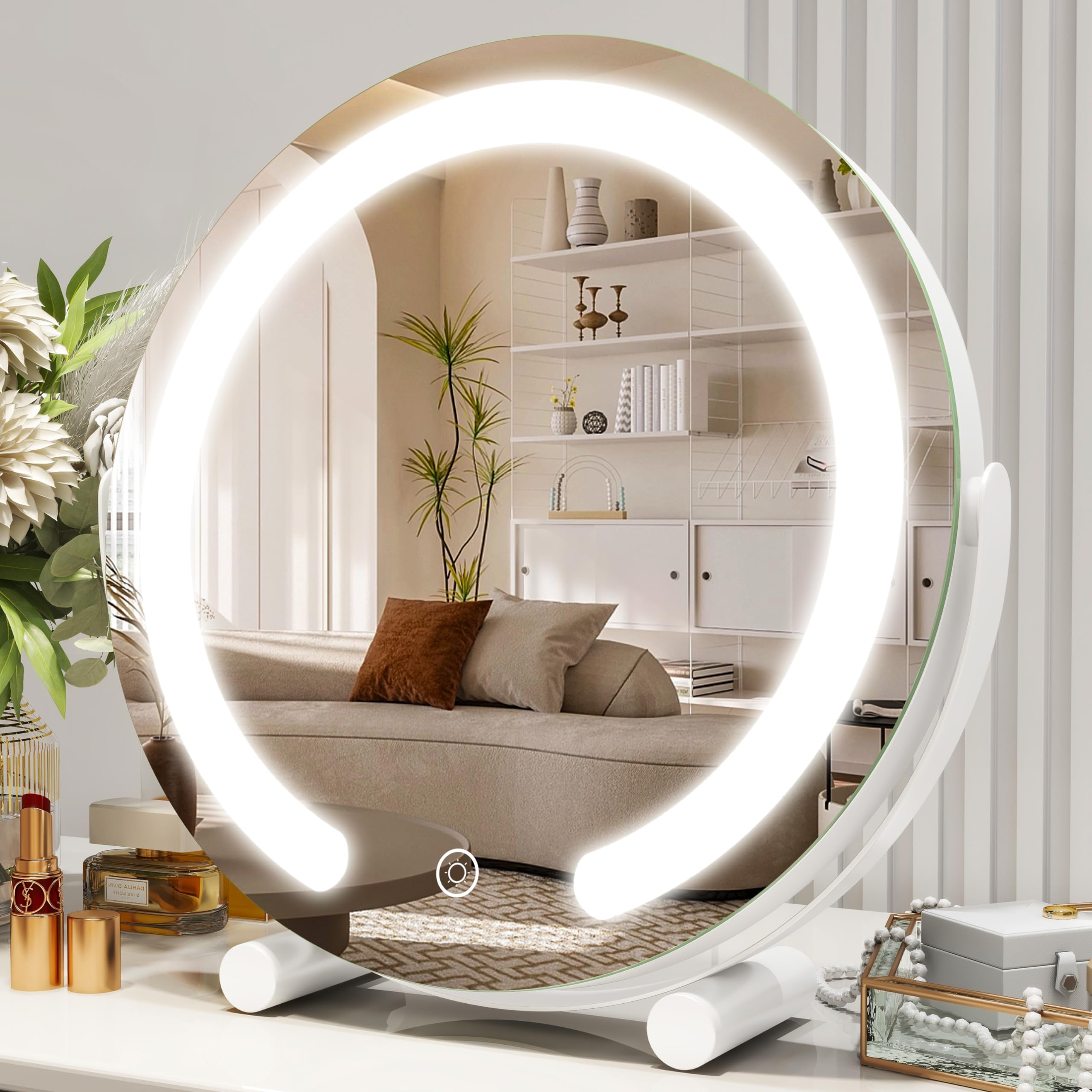 ROLOVE Vanity Mirror with Lights, 12 Inch Light Up Makeup Mirror, LED Makeup Mirror with Lights for Bedroom Tabletop, Smart Touch Control 3 Colors Dimmable, 360° Rotation, White