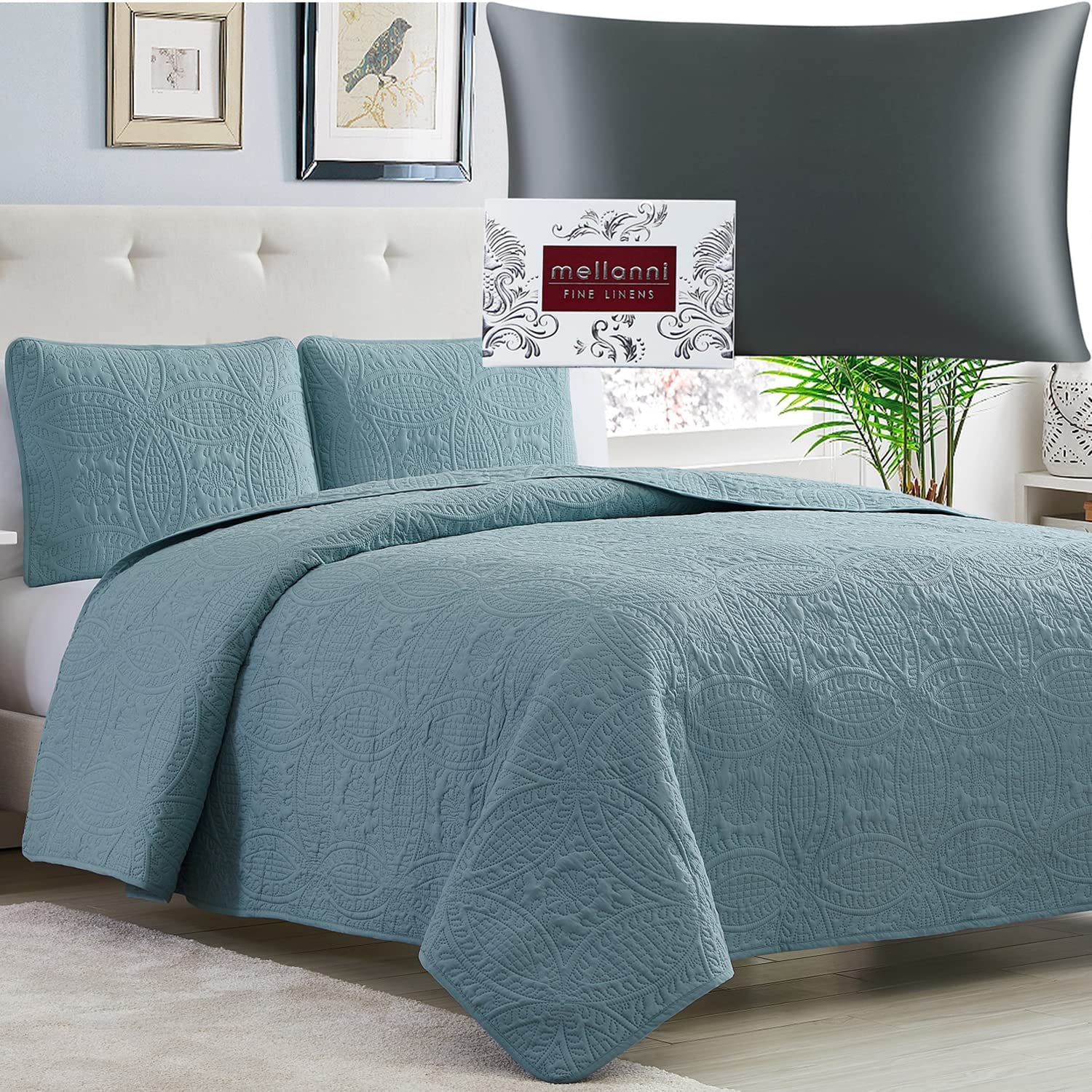 Mellanni Bedspread Coverlet Set + Silk Pillowcase Bundle&Save - Bundle Includes: 3 Piece Quilt Set and 1 Mulberry Silk Pillowcase (King, Spa Blue & Dark Gray)