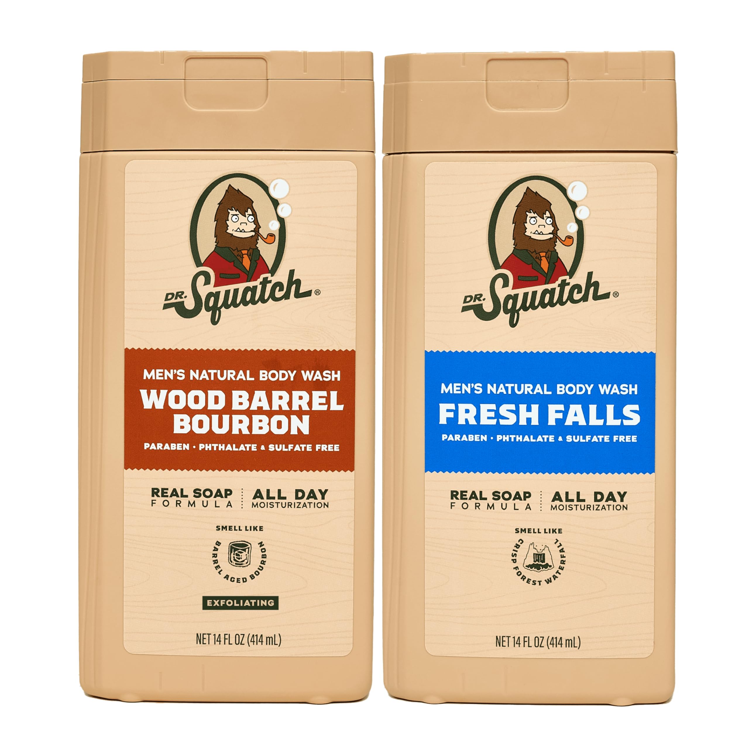 Dr. Squatch NEW Natural Body Wash for Men - Exfoliating and Non-Exfoliating - Wood Barrel Bourbon + Fresh Falls (14 oz, 2 Pack)