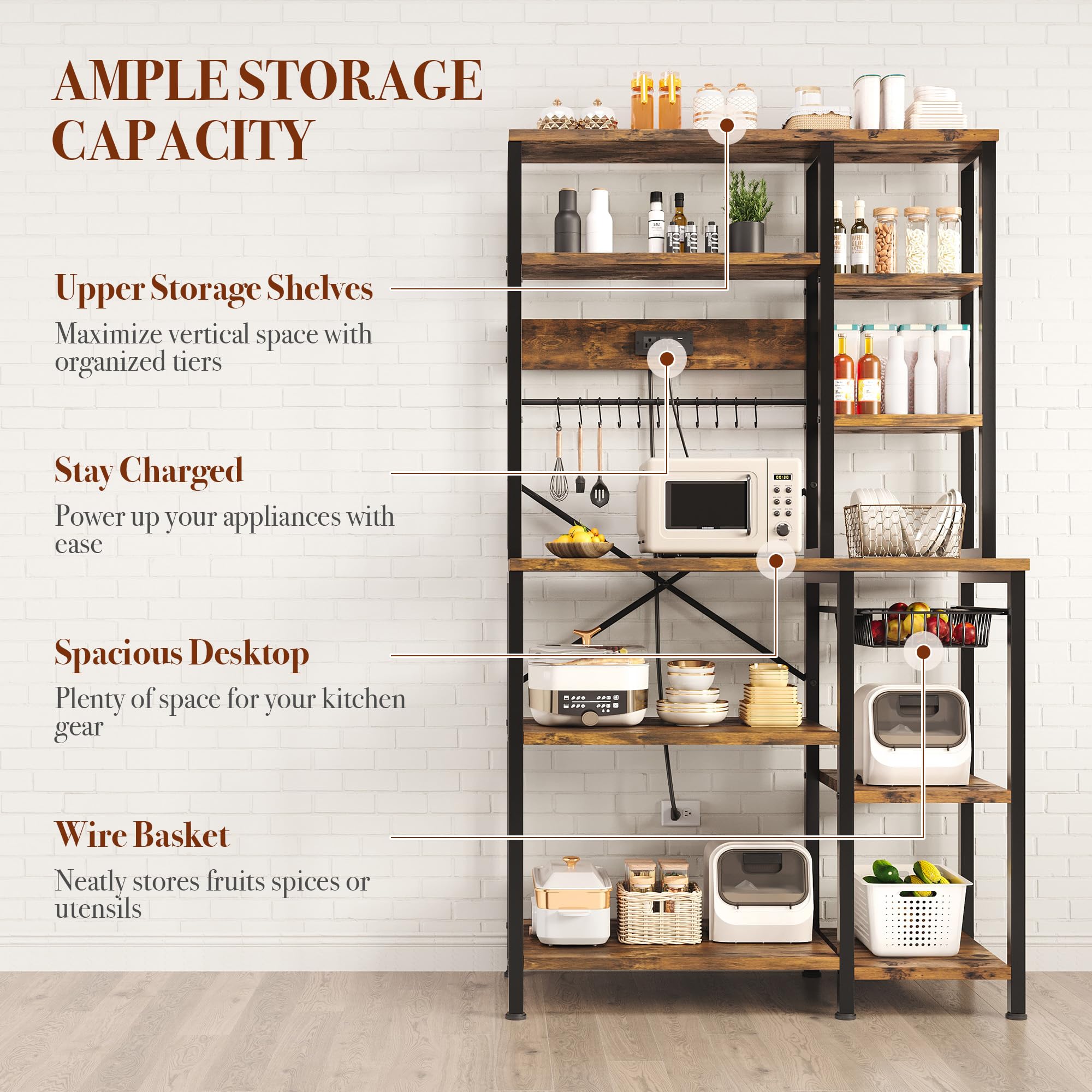 GRUSIGN Kitchen Bakers Rack with Storage, 6-Tier Coffee Bar Station with Power Outlet, Microwave Stand with 12 S-Shaped Hooks, Open Kitchen Storage Shelves for Spices, Pots and Pans, Rustic Brown