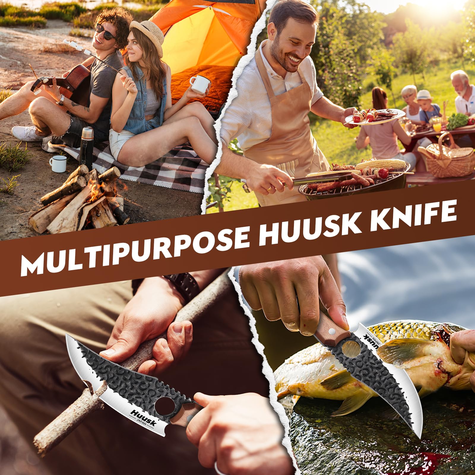 Huusk Knives Viking Knife with Sheath - Hand Forged Butcher Knife for Meat Cutting - High Carbon Steel Meat Cleaver Kitchen Knife - Multipurpose Japanese Chef Knives for Camping, Outdoor, BBQ