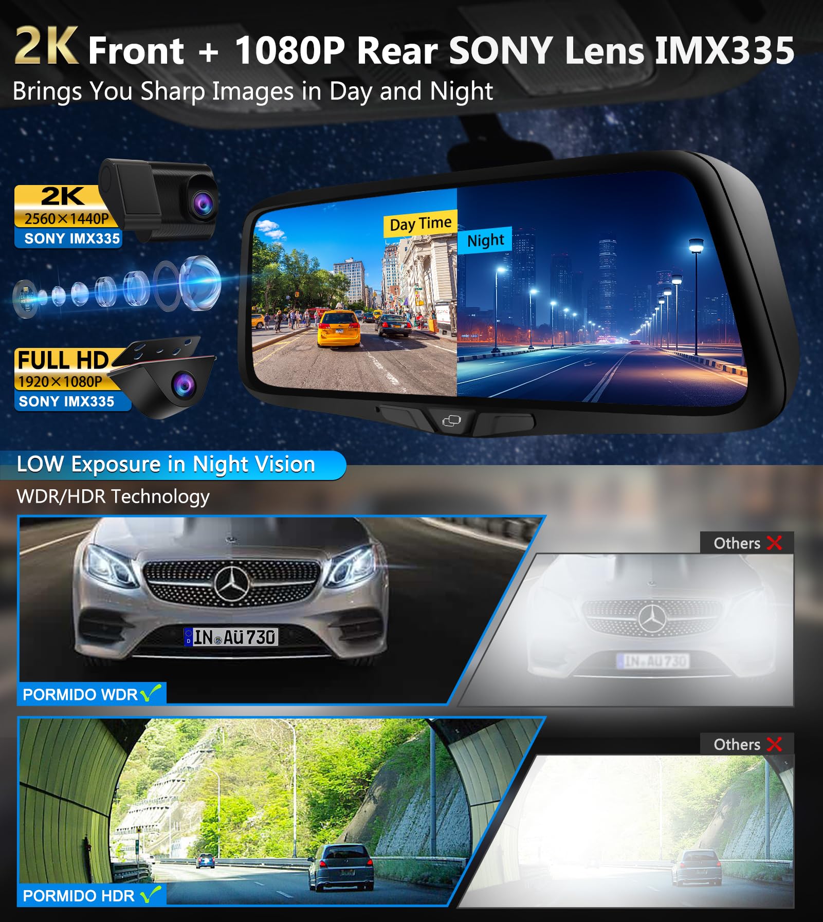 PORMIDO OEM 2K Rear View Mirror Camera,10" Mirror Dash Cam with Detached Front Backup Camera, Smart Full Touchscreen Rearview WDR Dashcam with Built-in GPS,64GB Card,Parking Monitor,Night Vision