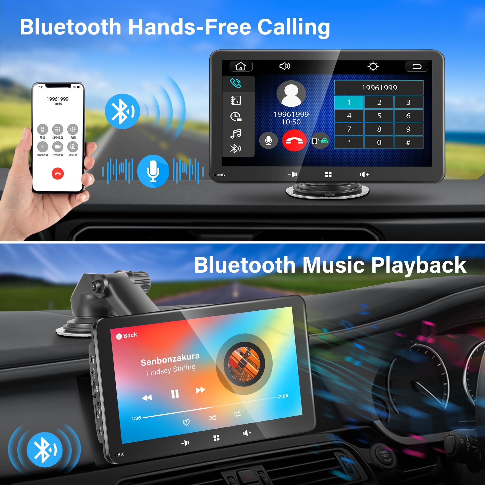 Car Play Screen Portable Wireless CarPlay & Android Auto Carplay Display 7’ HD Touchscreen for Car Stereo Backup Camera Car Radio with Mirror Link/Airplay/BT Hands-Free Call/Mic/TF/USB/AUX