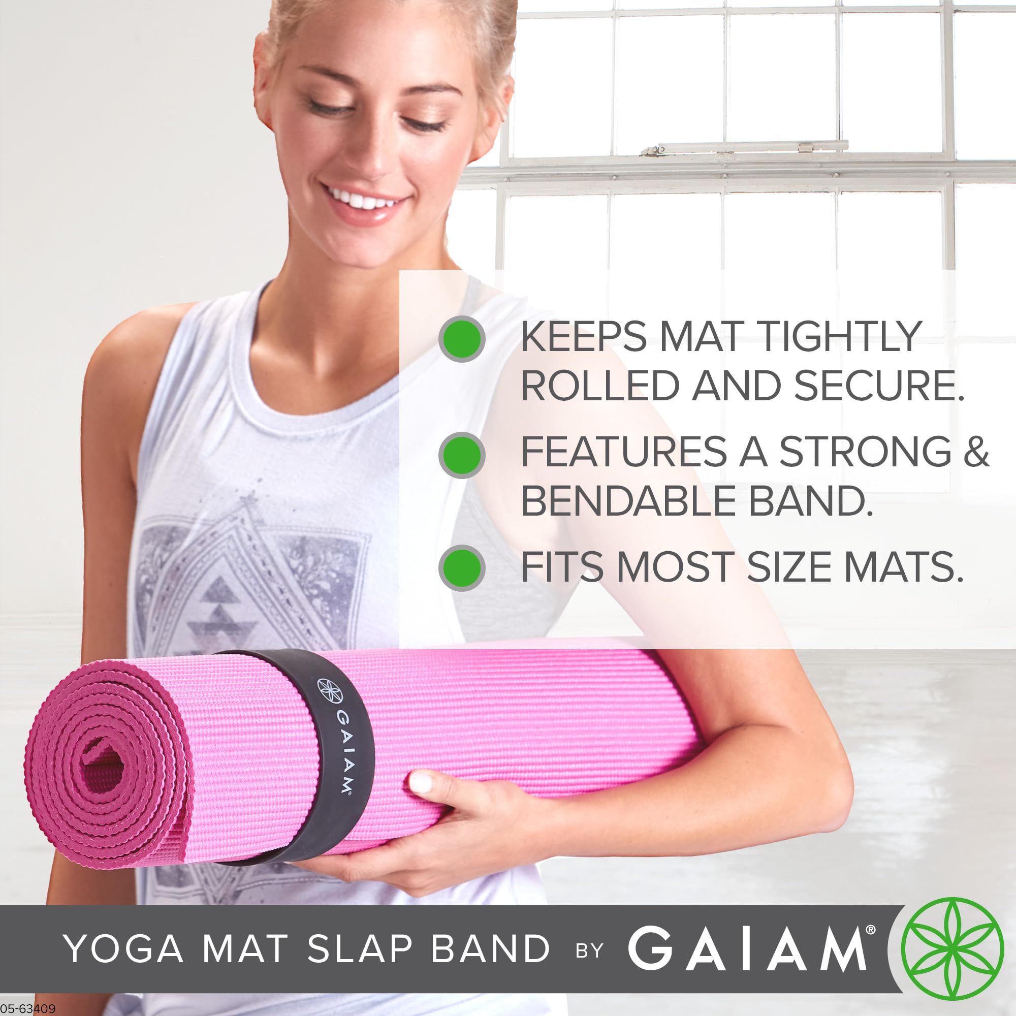 Gaiam Yoga Mat Strap Slap Band - Keeps Your Mat Tightly Rolled and Secure with One Snap - Strong Clasp for Yoga Mat Storage and Travel - Fits Most Size Mats (20"L x 1.5"W), Black