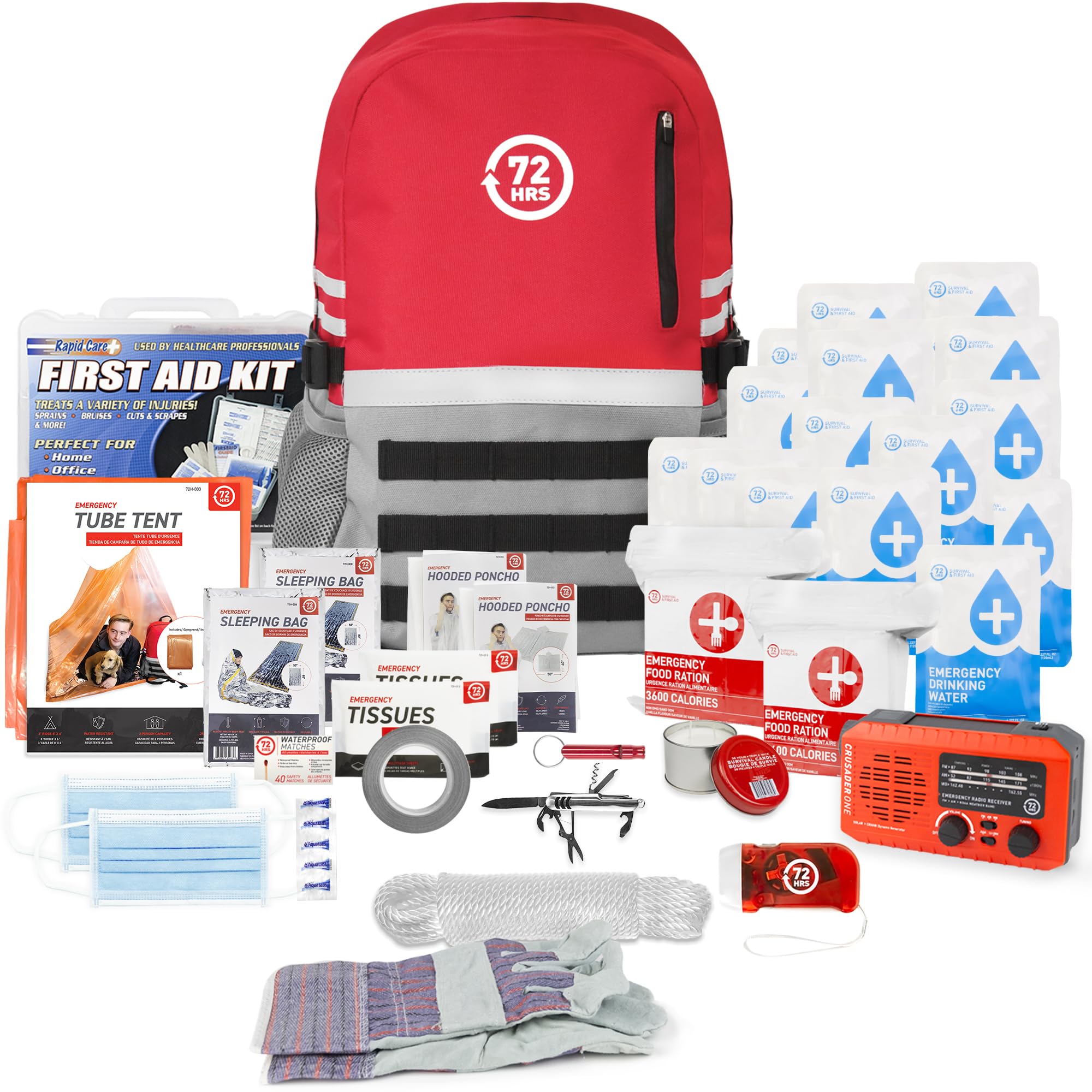 72 HRS Deluxe Emergency Survival Kit - Heavy Duty 72 Hour Bag Survival Kit for Earthquake, Hurricane, Tsunami, Winter, Blackout - Includes Emergency First Aid Kit, Water, Food (2 Person Red)