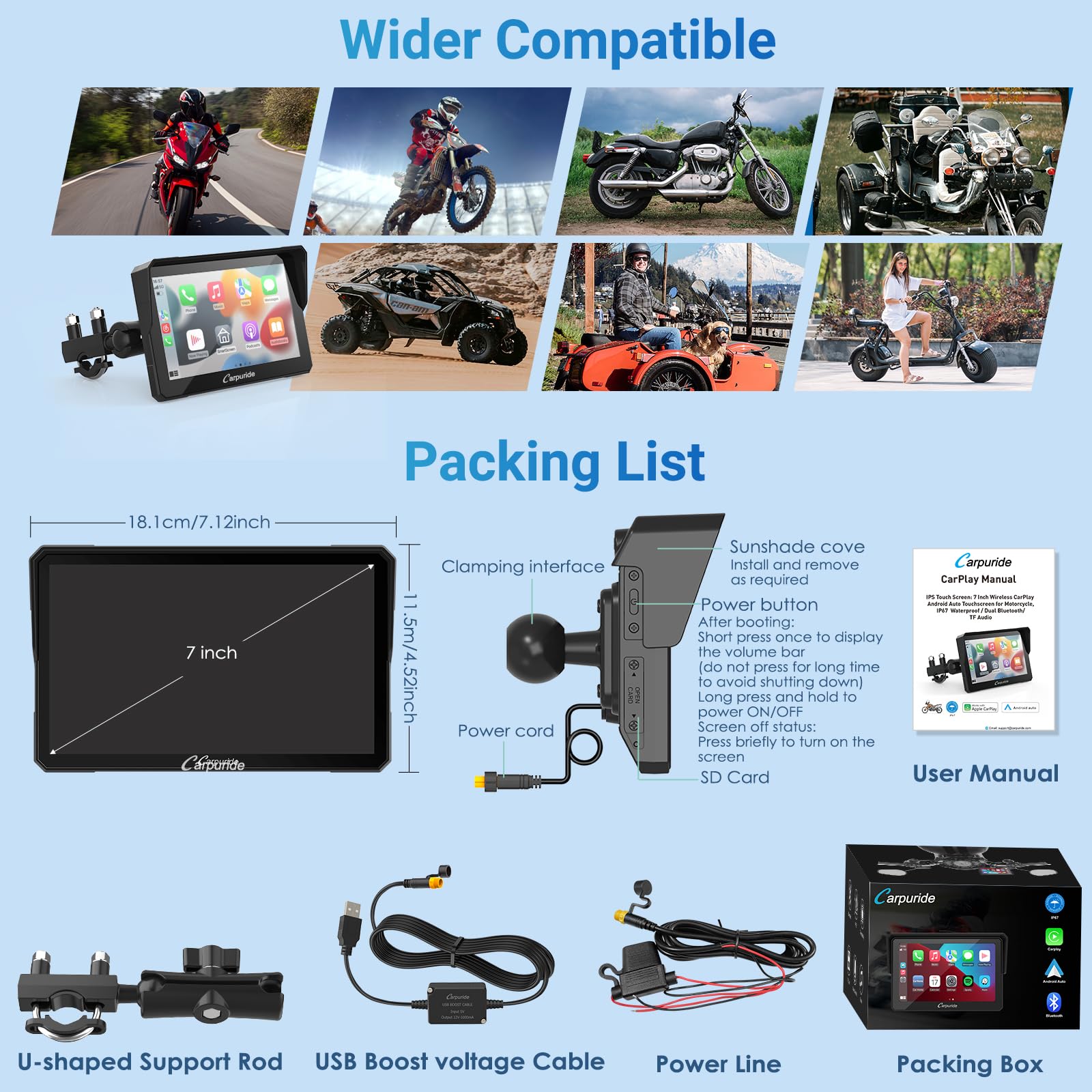Carpuride W702 Motorcycle GPS Carplay Screen, Wireless CarPlay & Android Auto Car Stereo for Motorbike, 7" Waterproof Touchscreen, Dual Bluetooth, Siri,Navigation Screen