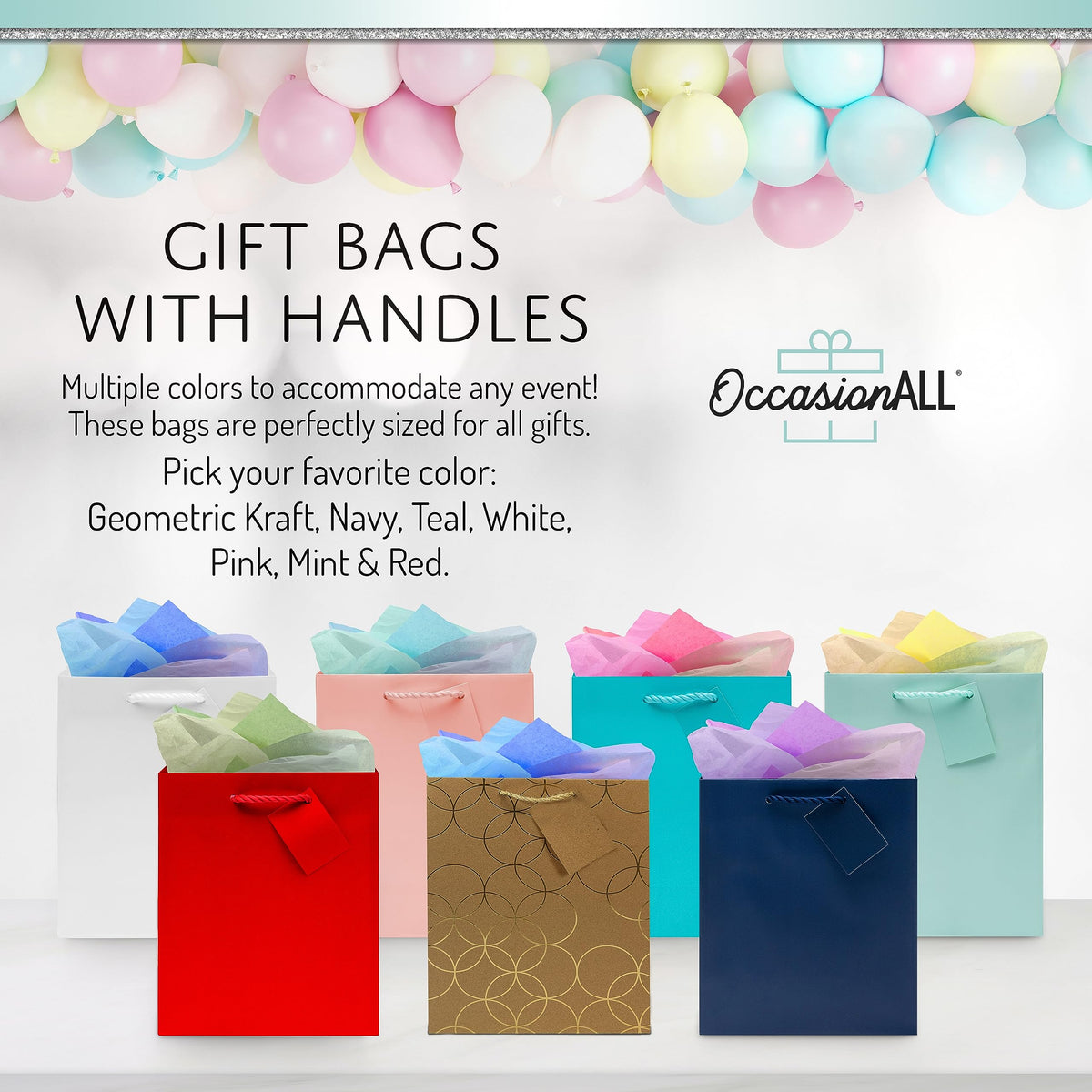 OccasionALL Gold Brown Gift Bags 12 Pack 7.5x3.5x9 Medium Geometric Print Kraft Paper Bags with Handles for Christmas, Holidays, Weddings, Birthdays, Bulk Shopping