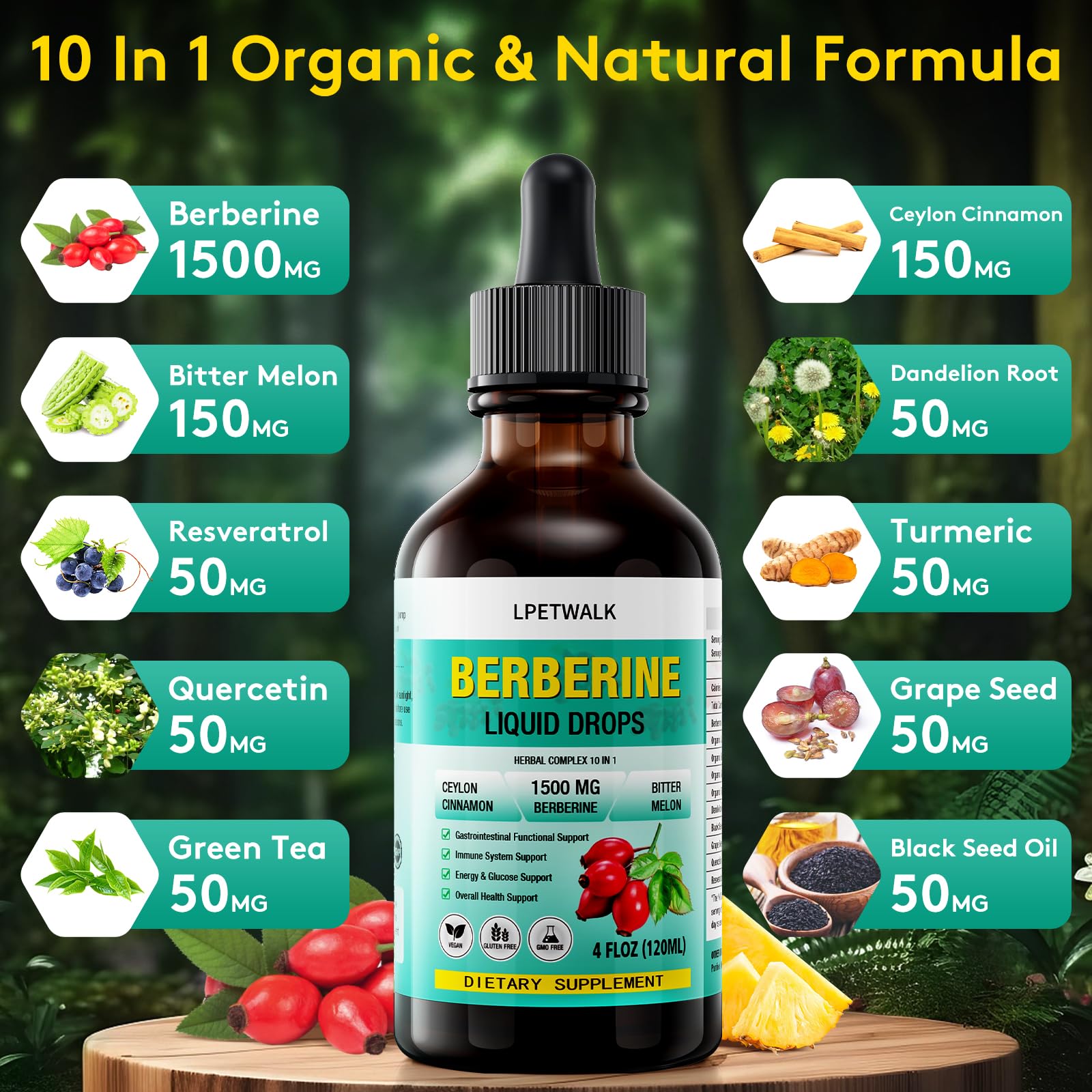 LPETWALK 4 FL Oz Organic Berberine Liquid Drops - Premium Berberine Supplement with Ceylon Cinnamon, Bitter Melon, Sugar-Free & Vegan Supplement Berberine Leaves Liquid, 98% Absorption - 120ML