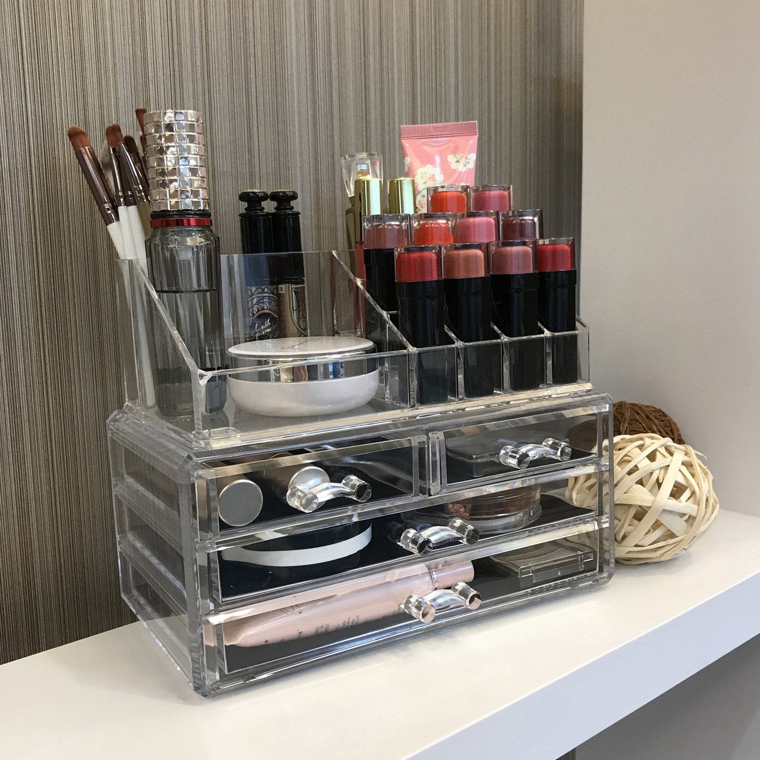 Ikee Design Acrylic Makeup Organizer with 4 Drawers and Removable Top Lipstick Holders, Ideal for Make-up or Accessories,Enhance Your Vanity or Bathroom with Clear Design for Quick Visibility