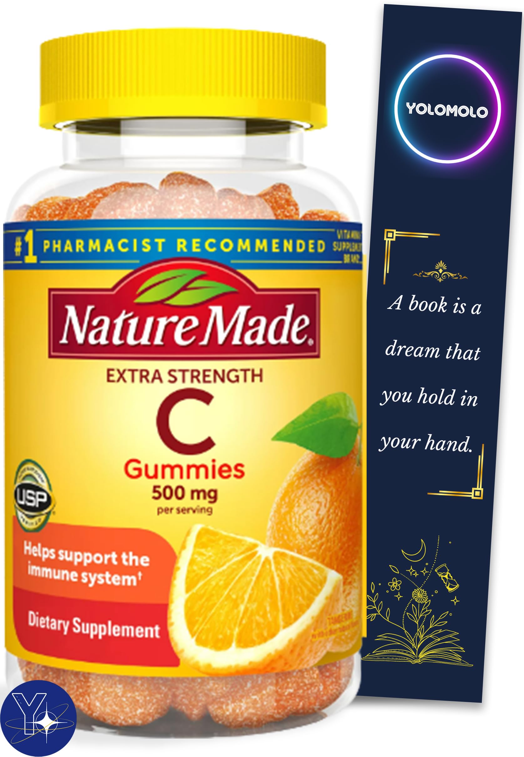 Nature Made Extra Strength Dosage Vitamin C, 500 mg Per Serving Gummies, 60 Count and Bookmark Gift of YOLOMOLO