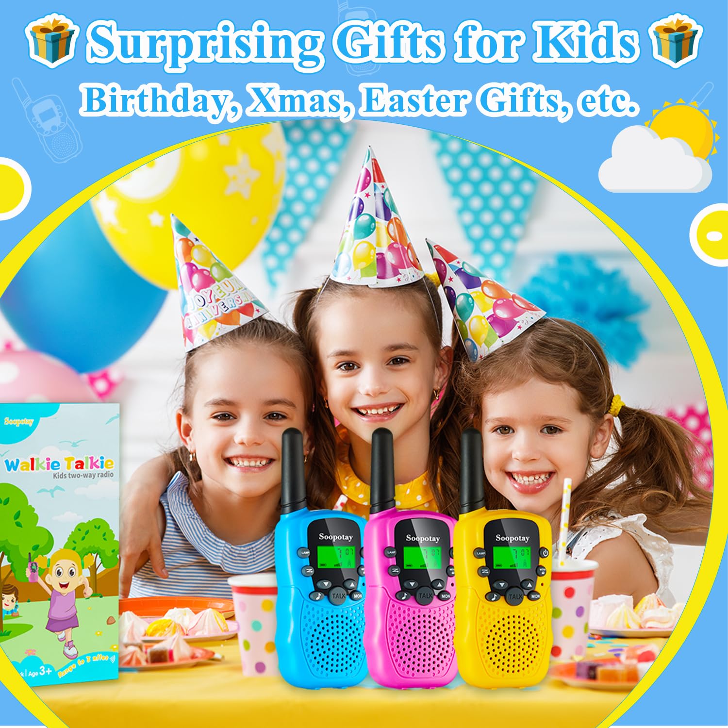 Walkie Talkie for Kids 3 Pack, Kids Walkie Talkies for Girls and Boys, Long Range Walkie Talkie Toys with Flashlight & 22 Channels. Boys Girls Toys/Gifts for Kids Age 3-12(Blue Pink Yellow, 3Pack)