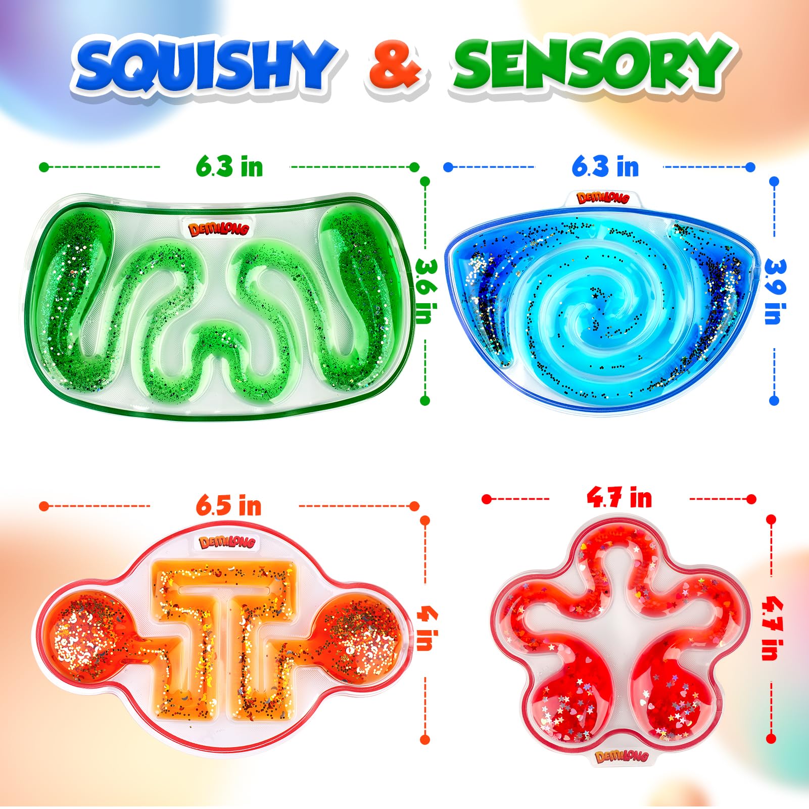 Squishy Sensory Toys for Kids - 4 Pack Fidget Toy Sensory Maze for Autism - Stress Relief Toys for Calm Down - Squeeze Fidget Toy Filled Goo, Glitter, Prizes for Kids Classroom, Easter Basket for Kid