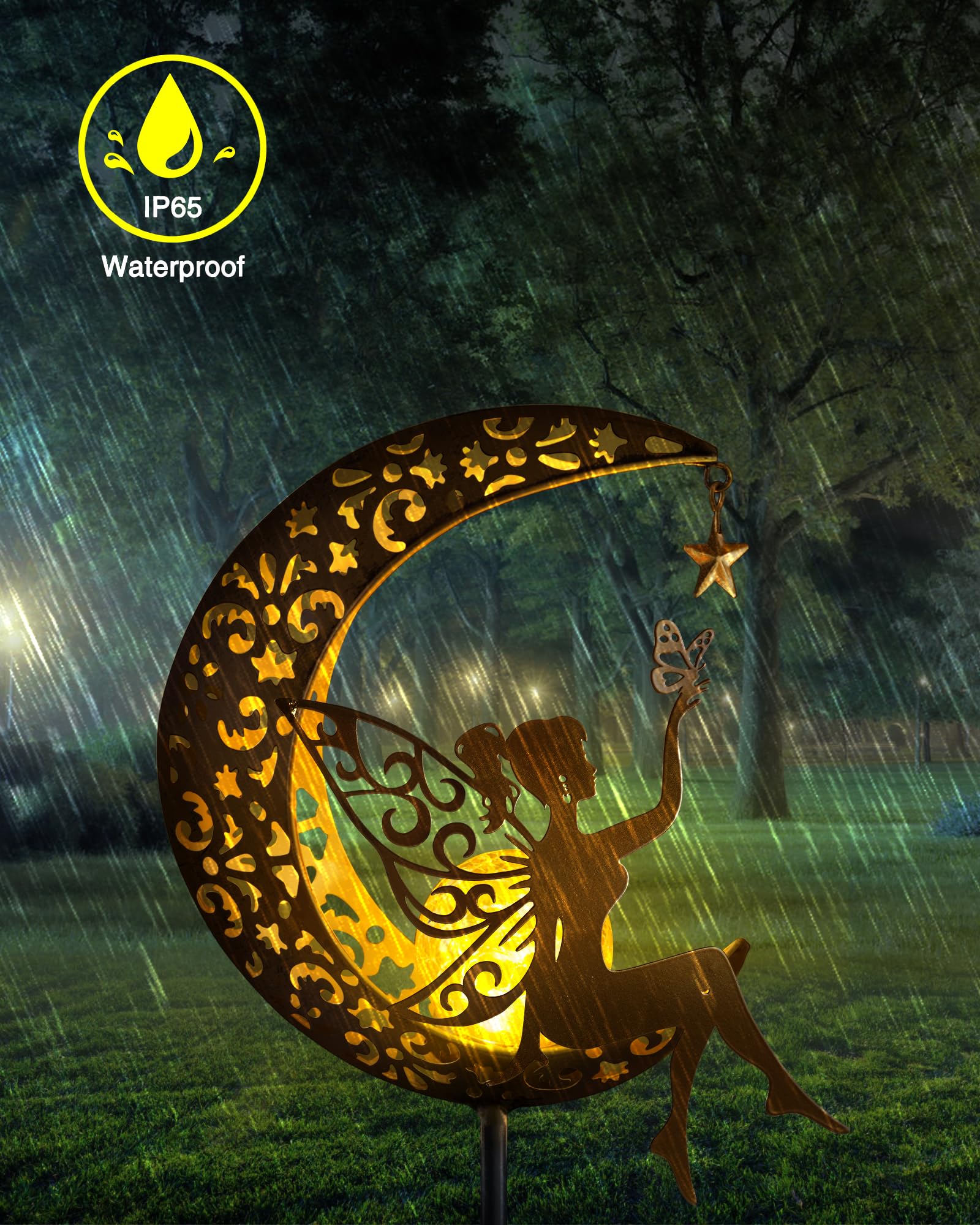 Vuees Solar Garden Statues Outdoor Decor, Fairy Moon Figurine Light Stake, Housewarming Ornament for Patio, Lawn, Yard, Pathway - Unique Gift Ideas for Gardening Mom Grandma