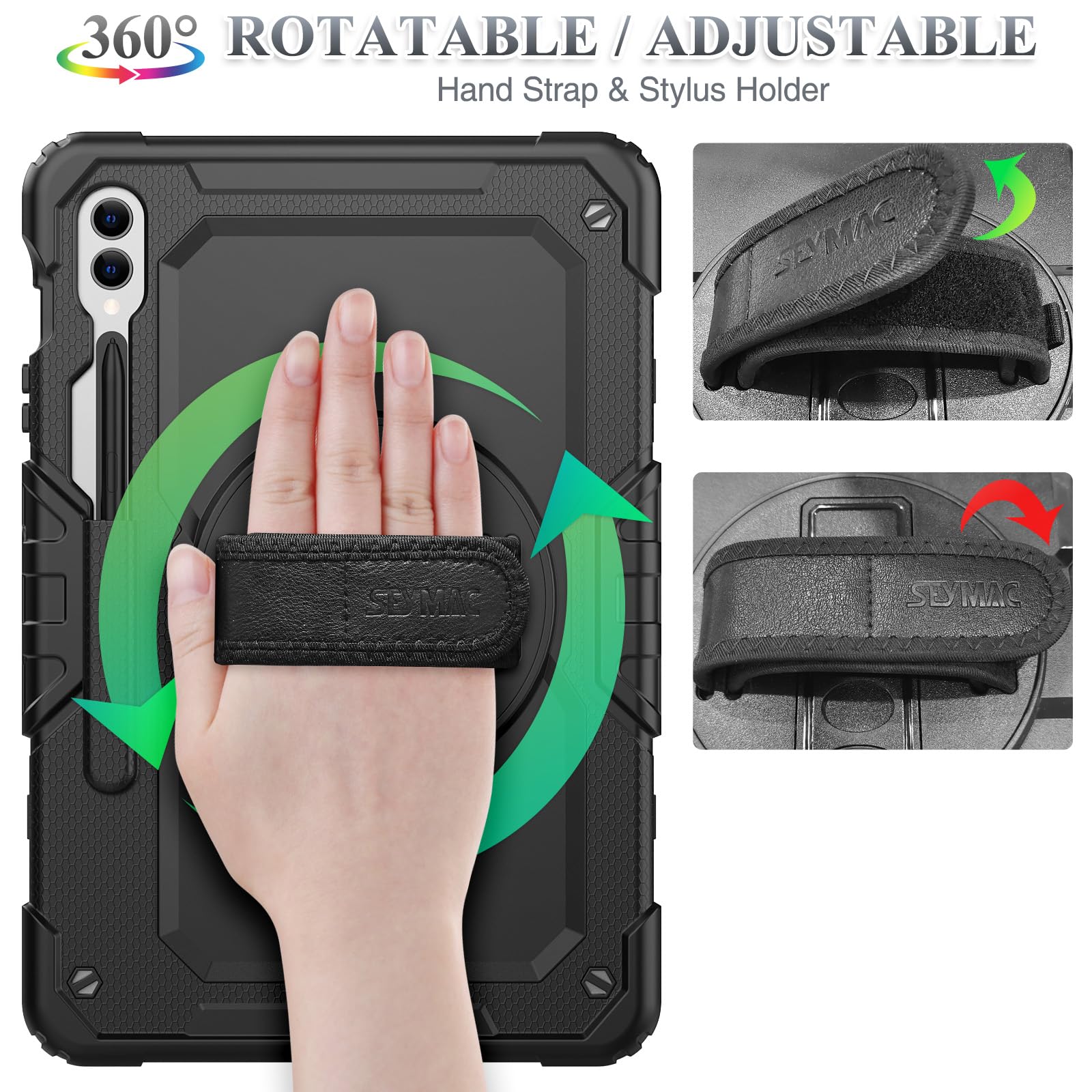 SEYMAC stock for Samsung Galaxy Tab S9 FE+ Plus 5G Tablet Case 12.4'' 2023 with Screen Protector Pencil Holder [360 Rotating Hand Strap] &Stand, Drop-Proof Case for Galaxy Tab S9 FE+ 12.4'', Black1