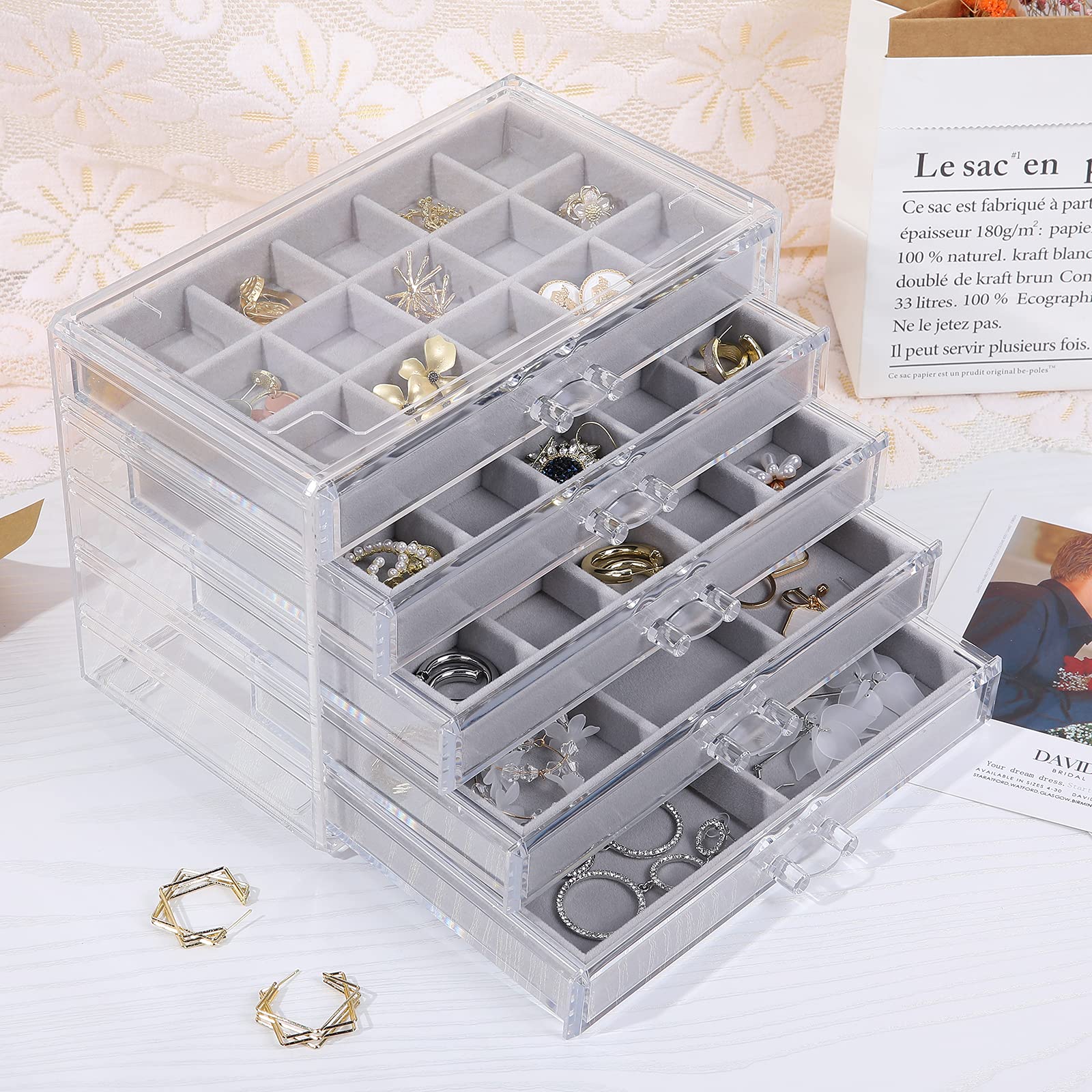 misaya Earring Jewelry Organizer with 5 Drawers, Gift for Mom, Clear Acrylic Jewelry Box for Women, Velvet Earring Display Holder for Earrings Ring Bracelet Necklace, Gray