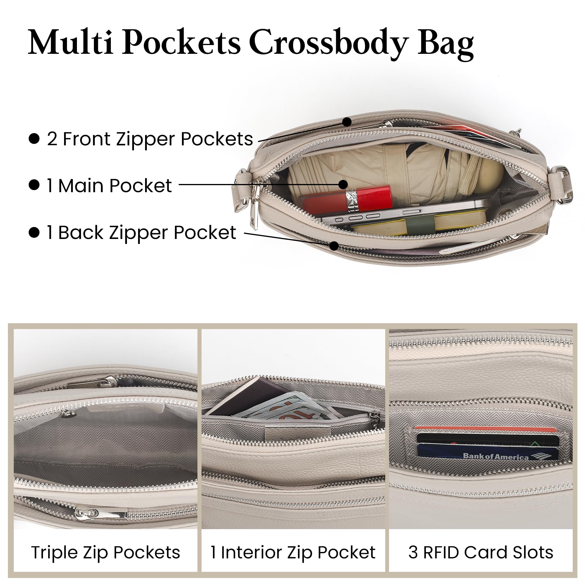 befen Genuine Leather Small Crossbody Bags for Women Ladies Triple Zip Shoulder Purses Bag Cell Phone Leather Handbag with RFID Card Slots Beige Grey