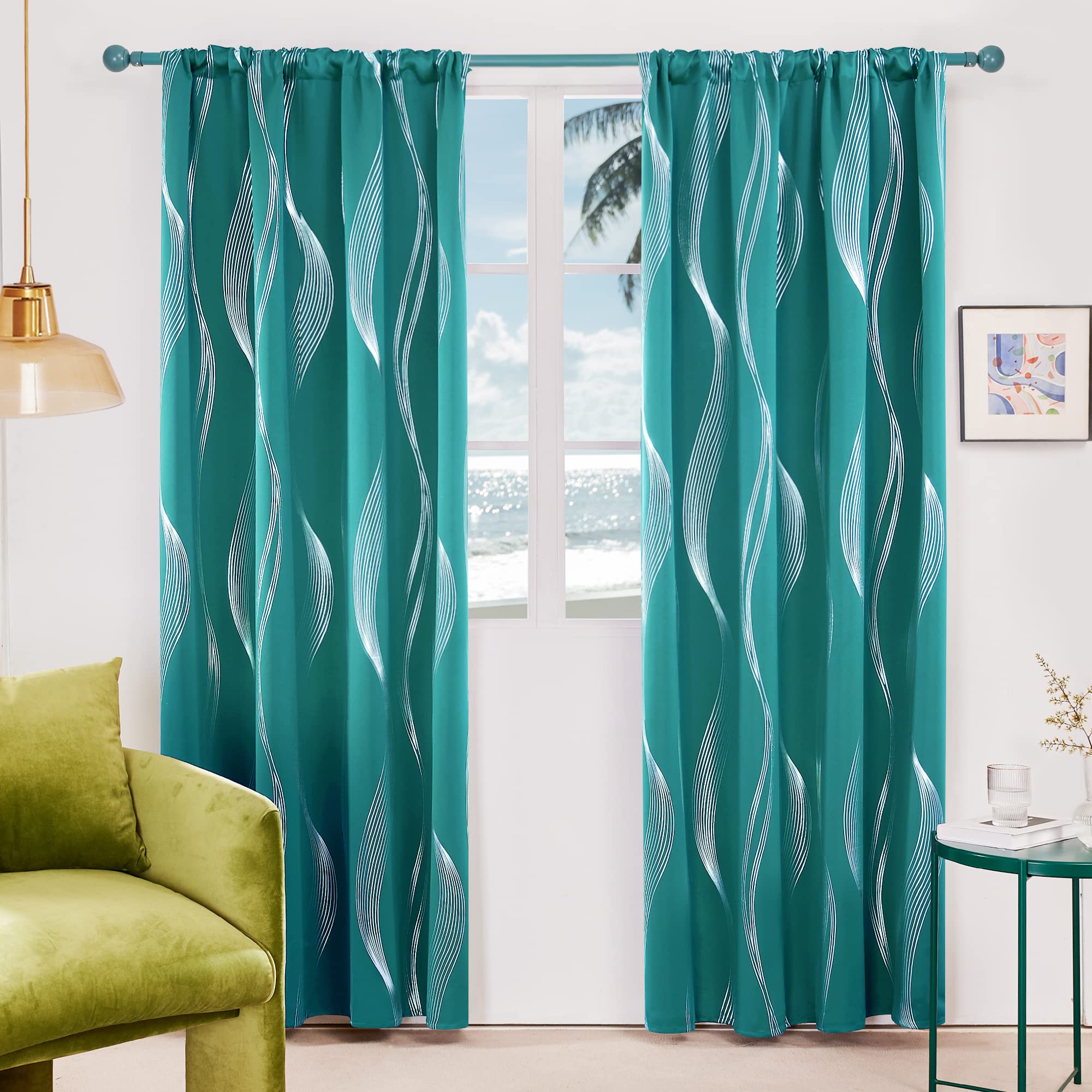 Deconovo Blackout Curtains 96 Inches Long, Living Room Curtains 95 Inch, Bedroom Curtains 2 Panel Sets, Kids Curtains,Silver Wave Back Tab Rod Pocket, 52W x 95L, Turquoise